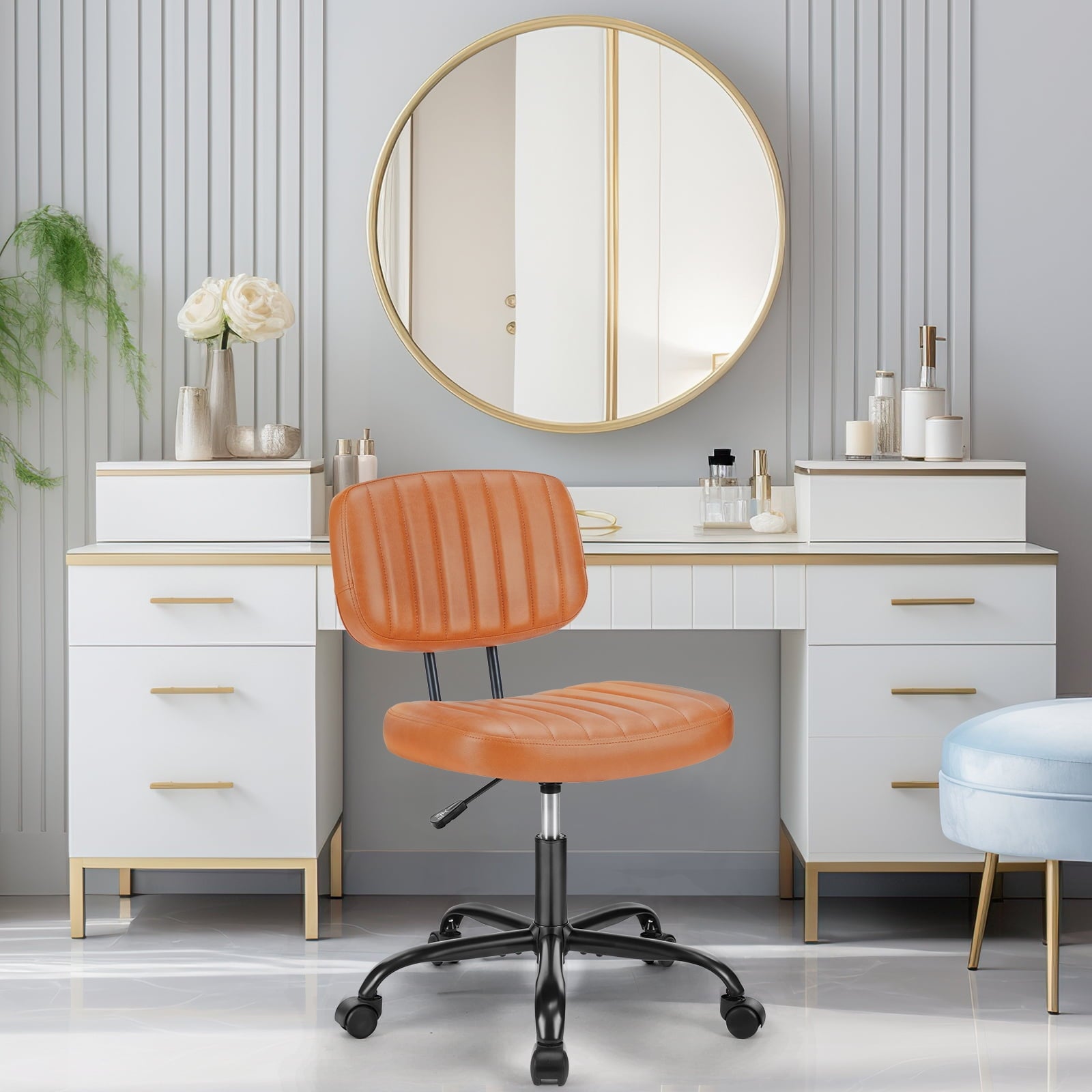 Gianna Armless Office Desk Chair with Comfy Lumbar Support, Adjustable Height Rolling Swivel Computer Task Chair, Brown