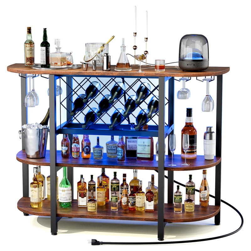 Gianna Bar Cart with Charging Station, LED Home Bar Cabinet with Storage, Metal Small Bar Cabinet, Liquor Cabinet with Glasses & Wine Bottle Holder, Rustic Brown