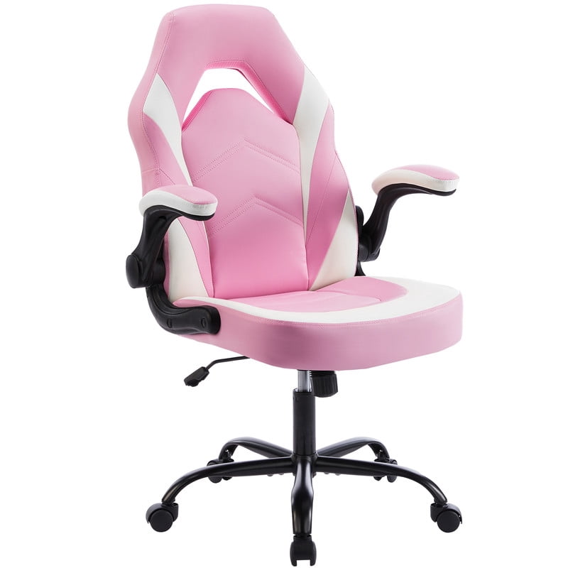 Gianna Ergonomic Computer Gaming Chair with Flip-up Armrest, Height Adjustable PU Leather Home Office Desk Chair with Lumbar Support Swivel Wheels and for Adultsï¼ŒPink White