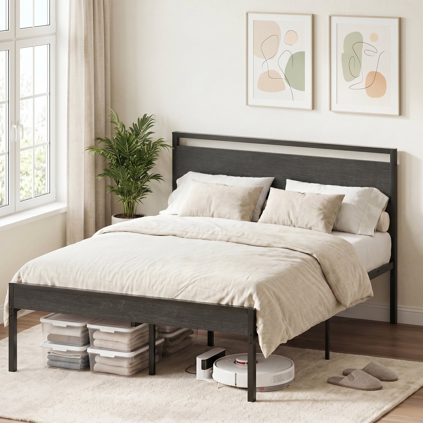 Gianna Heavy Duty Full Size Metal Platform Bed, No Box Spring Required with Headboard and Footboard, Mattress Foundation, Black