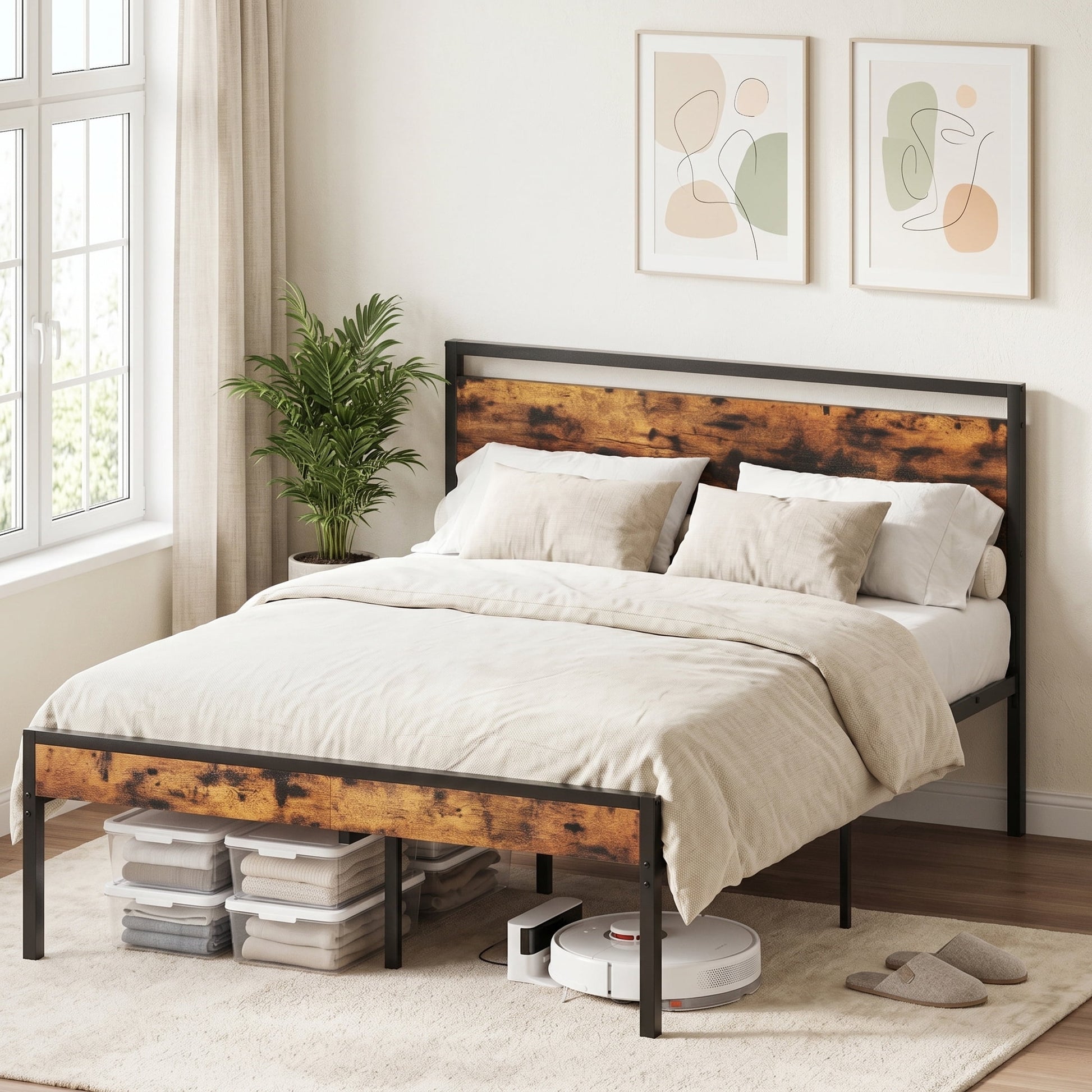 Gianna Heavy Duty Full Size Metal Platform Bed, No Box Spring Required with Headboard and Footboard, Mattress Foundation, Rust