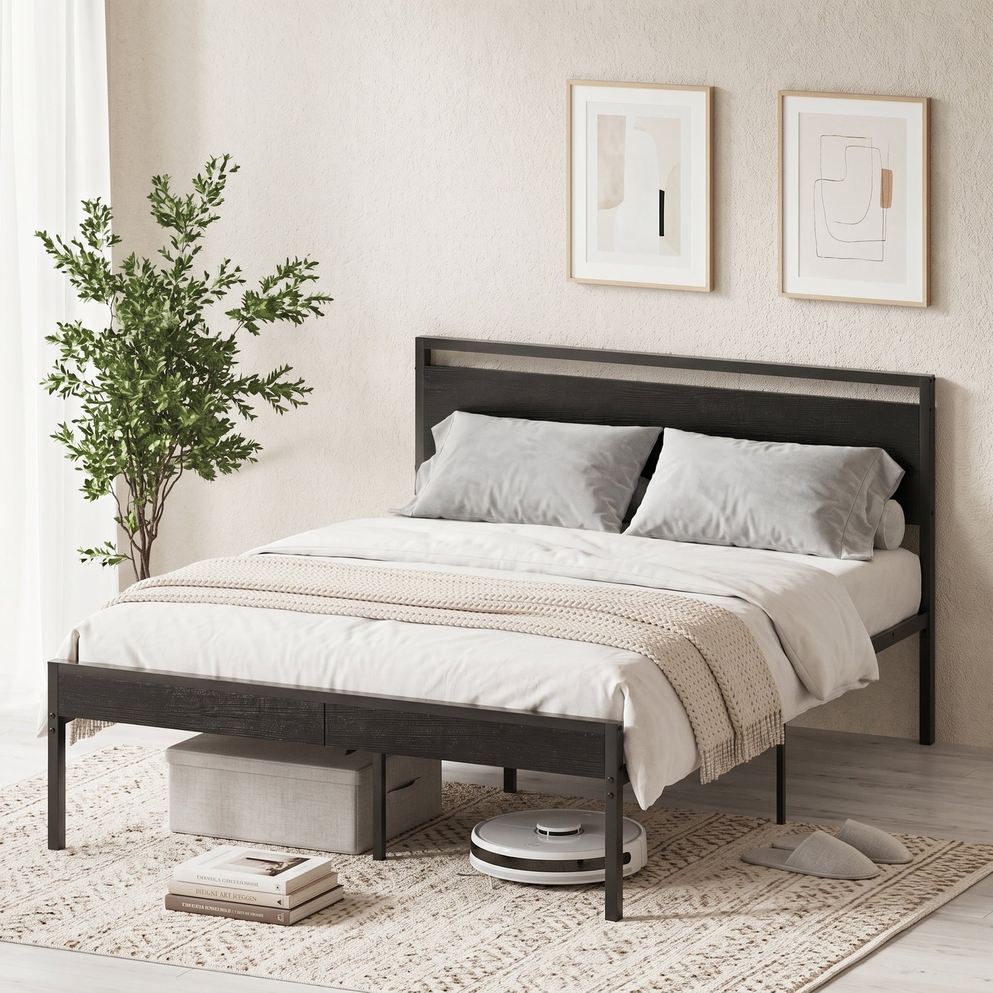 Gianna Heavy Duty Queen Size Metal Platform Bed, No Box Spring Required with Headboard and Footboard, Mattress Foundation, Black