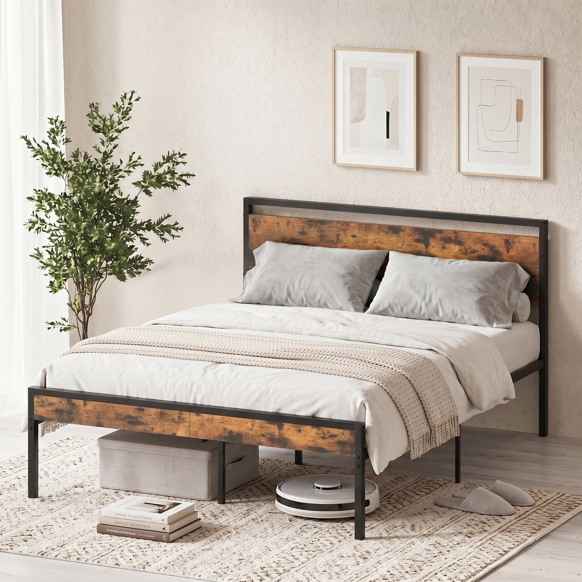 Gianna Heavy Duty Queen Size Metal Platform Bed, No Box Spring Required with Headboard and Footboard, Mattress Foundation, Rust