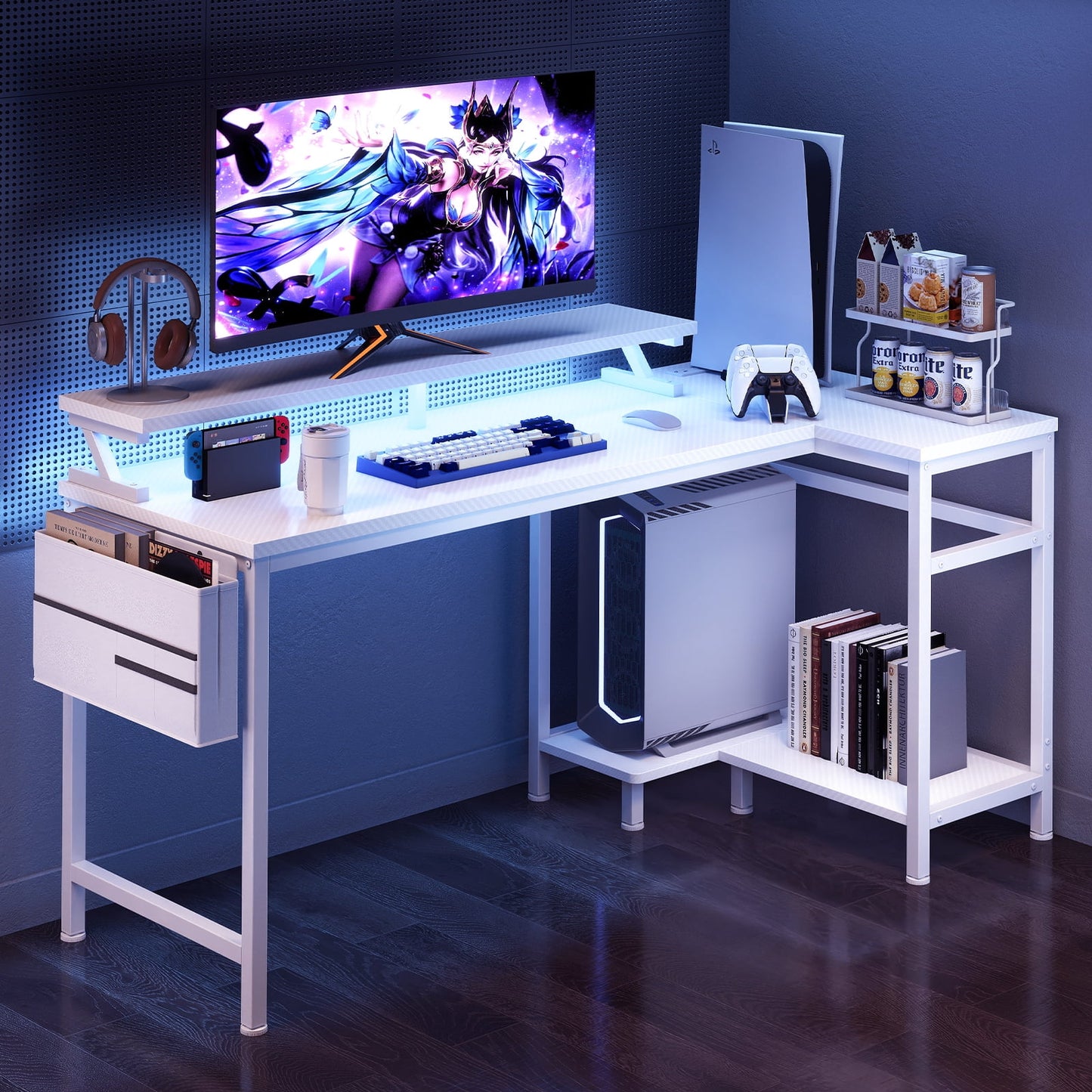 Gianna L-Shaped Gaming Desk with LED Lights, USB-C Charging and Monitor Stand