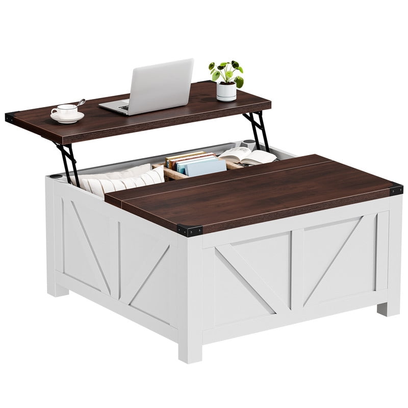 Gianna Mesa de Centro Elevable con Almacenamiento y EstaciÃ³n de Carga, Mesa Central Cuadrada con Puertos USB y Espacio Oculto para Sala de Estar, Blanca