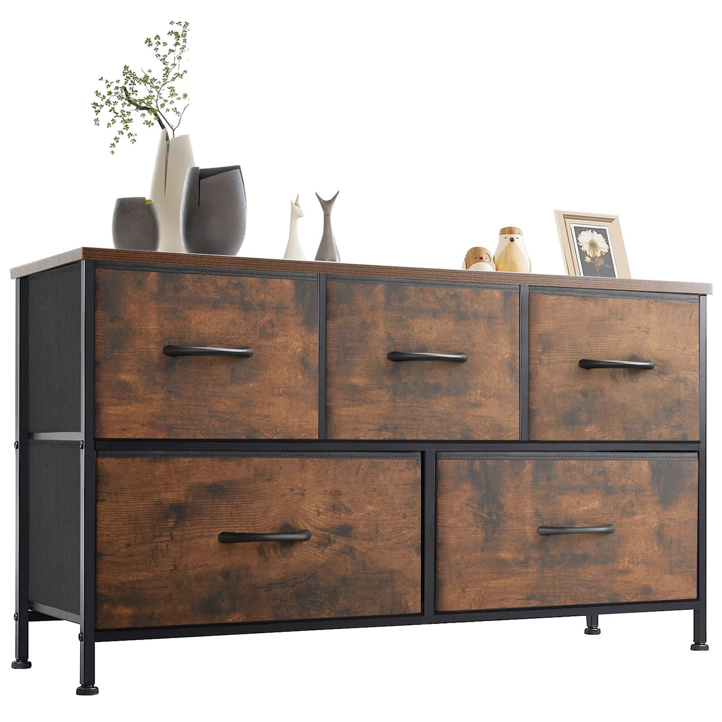 JIOABL Modern Dresser with Fabric 5-Drawer, Metal Frame, Ideal for Bedroom Storage, Rustic Brown