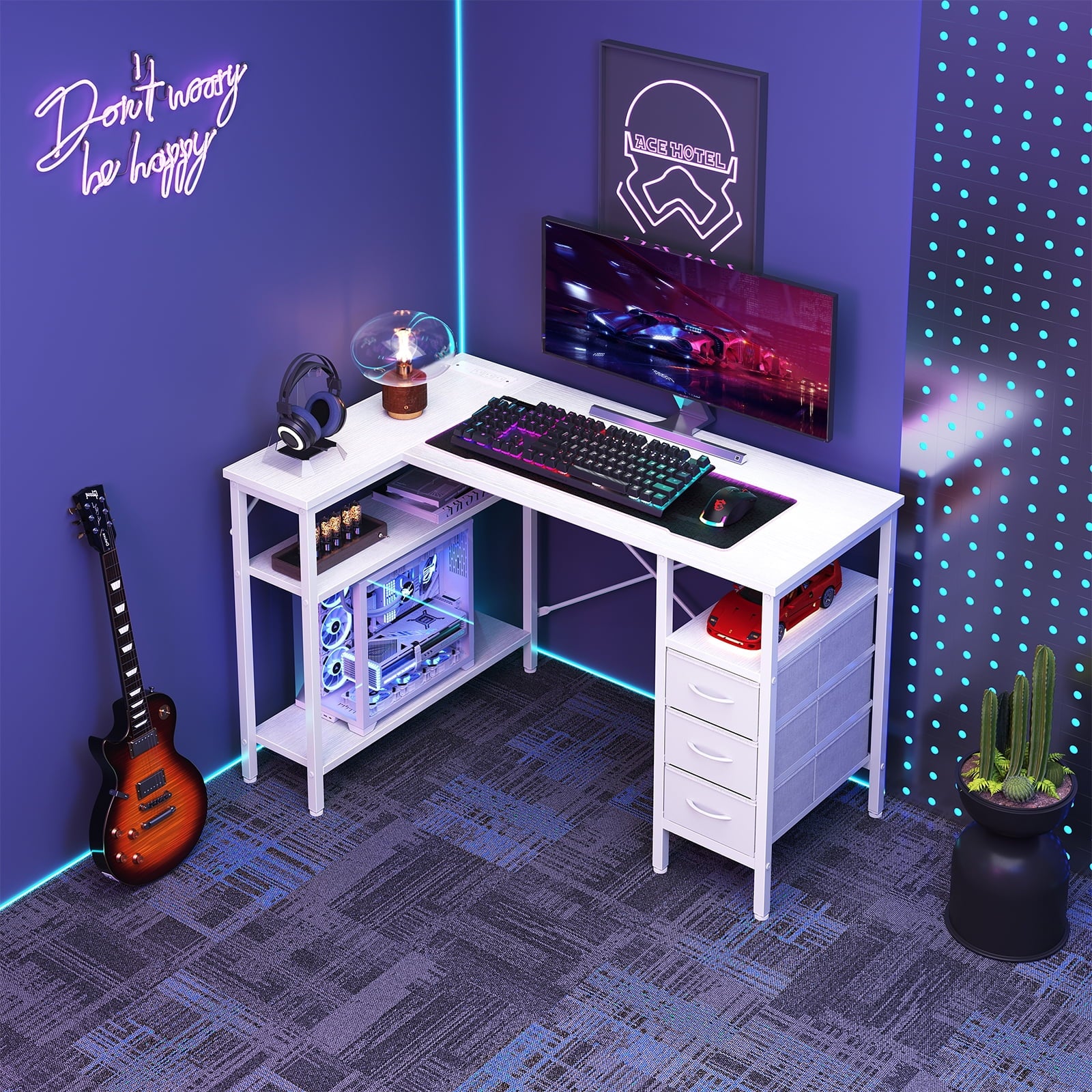 Gianna Modern L-Shaped Office Desk with Power Outlets, 47-Inch Computer Desk with 3 Drawers and Shelves for Home Office, Study, or Gaming, White