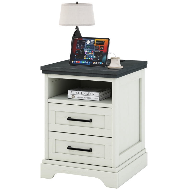 Gianna Nightstand with Charging Station, Farmhouse Bedside Table with 2 Drawers and Open Shelf, Wood End Table, Modern Side Table for Bedroom, White