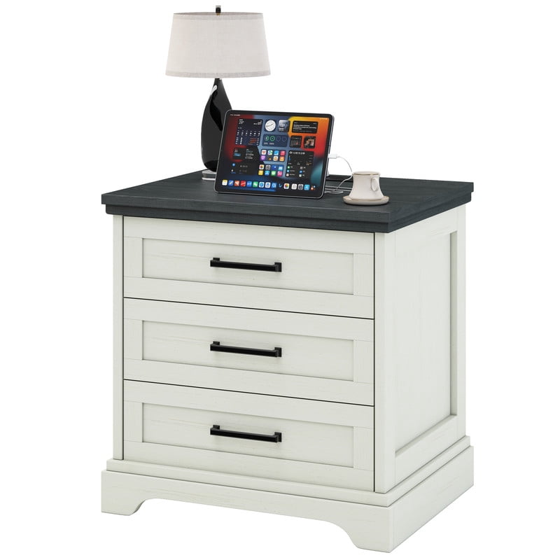 Gianna Nightstand with Charging Station, Farmhouse Bedside Table with 3 Drawers, Wood End Table, Modern Side Table for Bedroom, White