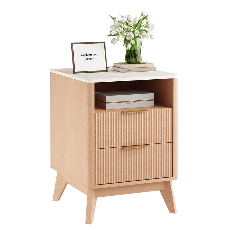 Gianna Set of 2 Nightstands with Drawer and Open Shelf, Mid Century Fluted End Table for Bedroom, Living Room and Office, White