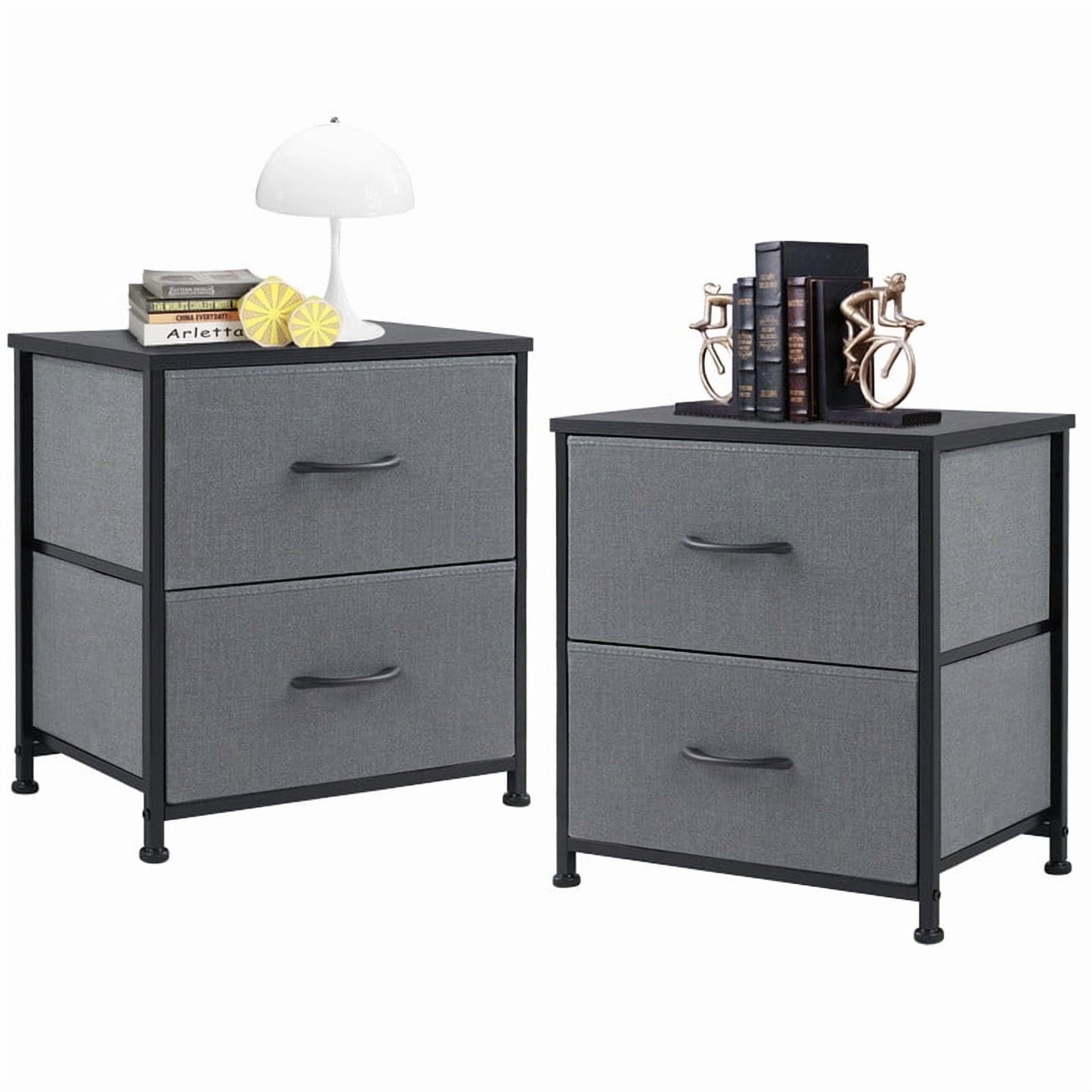 EDX Nigtstand for Bedroom, Tall Chest Organizer with Fabric Bins, Steel Frame, Grey, Set of 2