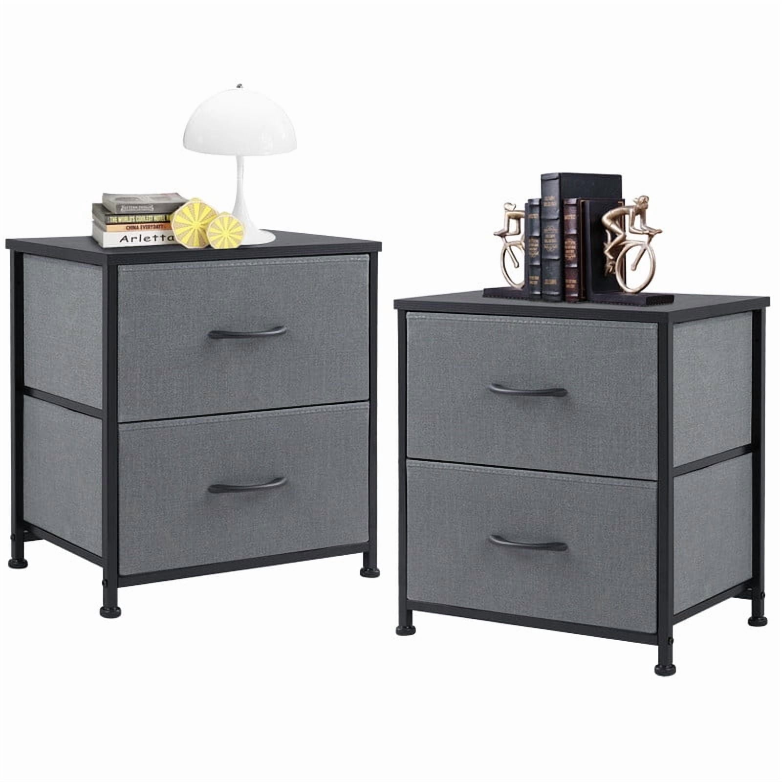 EDX Nigtstand for Bedroom, Tall Chest Organizer with Fabric Bins, Steel Frame, Grey, Set of 2