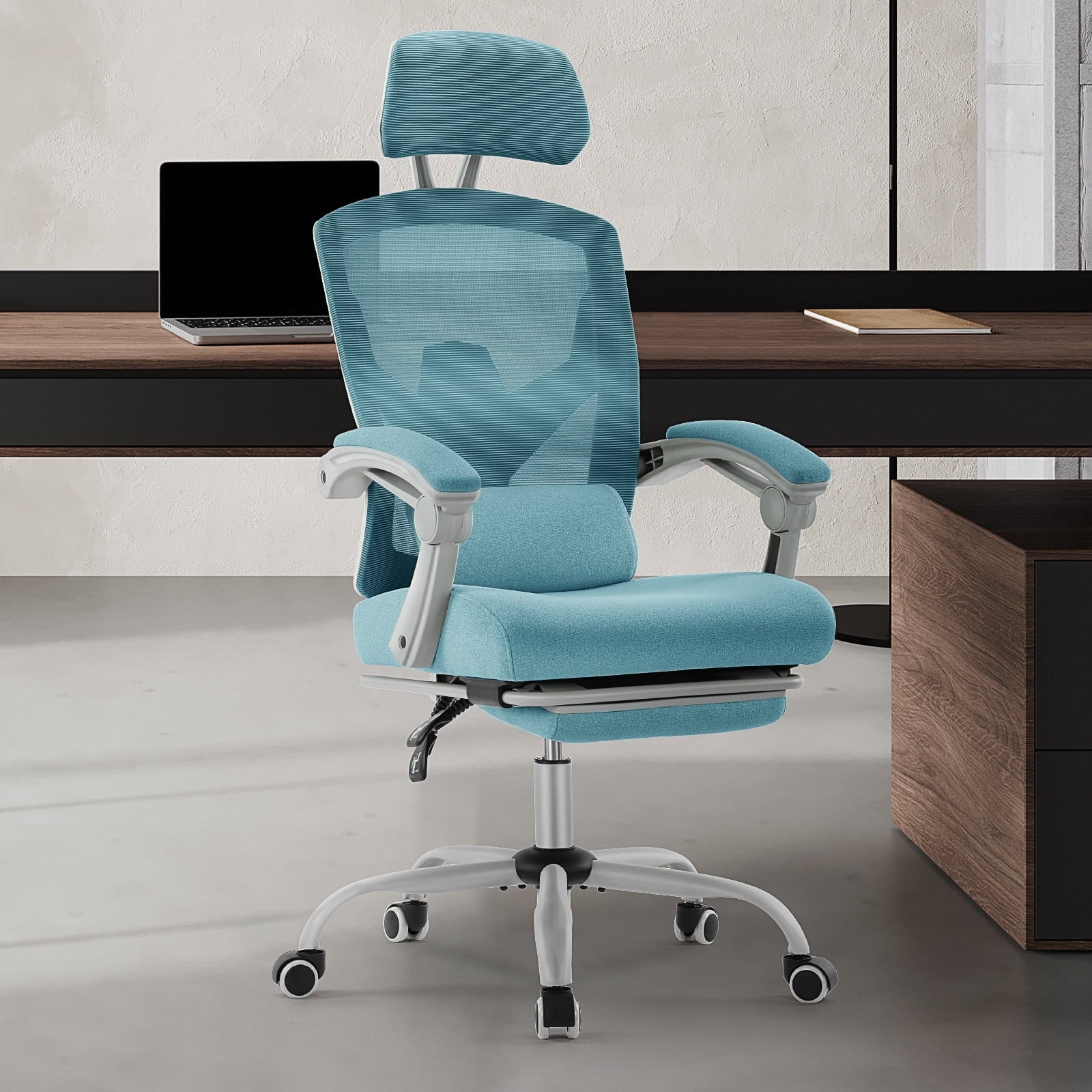 Gianna Premium High-Back Mesh Office Chair with Adjustable Lumbar Support, Headrest, Footrest, and Soft Padded Armrests, Gray