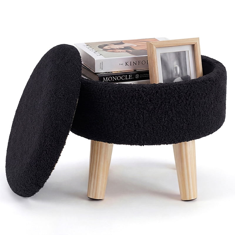 Gianna Round Ottoman with Storage, Boucle Footstool with Hidden Storage, Padded Seat, Teddy Velvet Footstool with Wood Legs for Living Room, Bedroom, Black