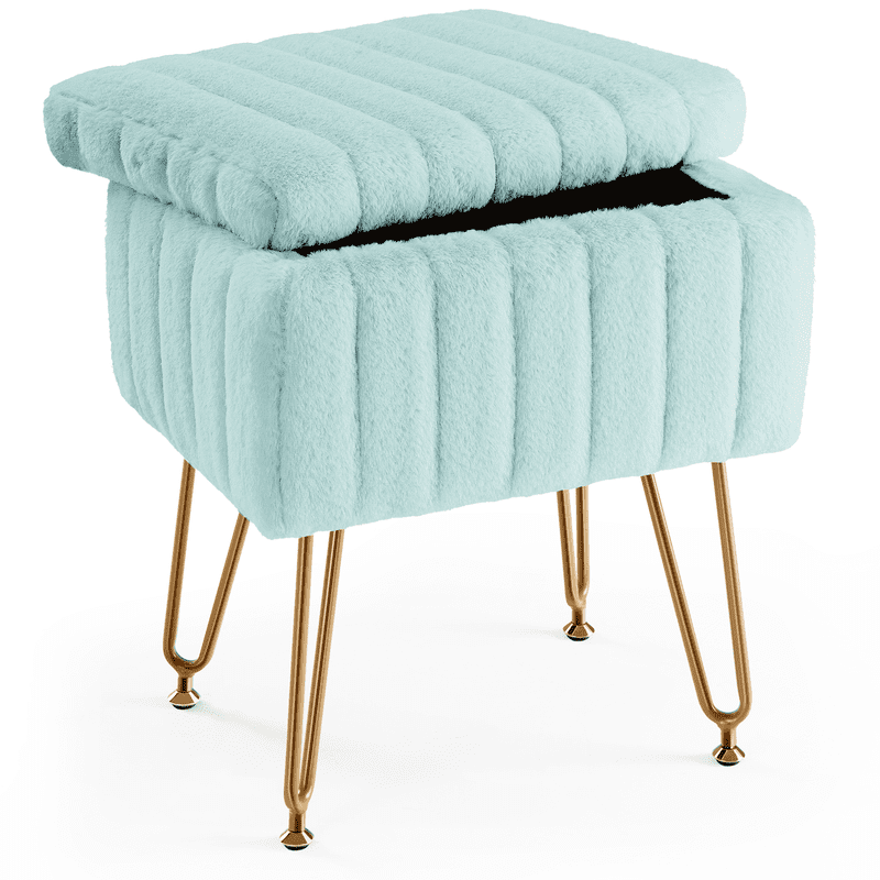 Gianna Square Ottoman with Storage, Makeup Cute Soft Small Footstool, Modern Style Faux Fur Seat with 4 Metal Legs & Adjustable Feet for Dressing, Living Room Bedroom Dorm, Green