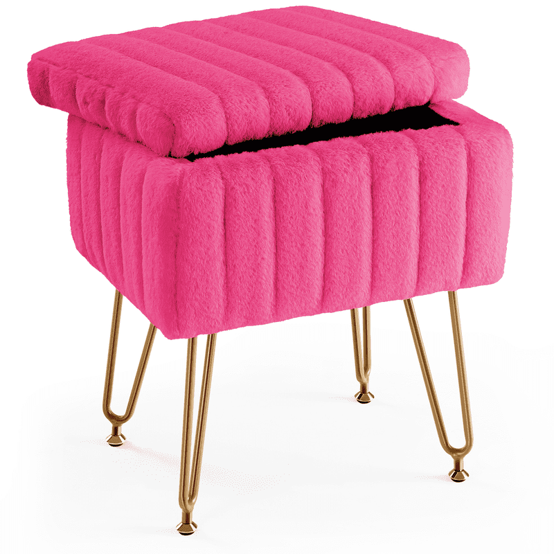 Gianna Square Ottoman with Storage, Makeup Cute Soft Small Footstool, Modern Style Faux Fur Seat with 4 Metal Legs & Adjustable Feet for Dressing, Living Room Bedroom Dorm, Red