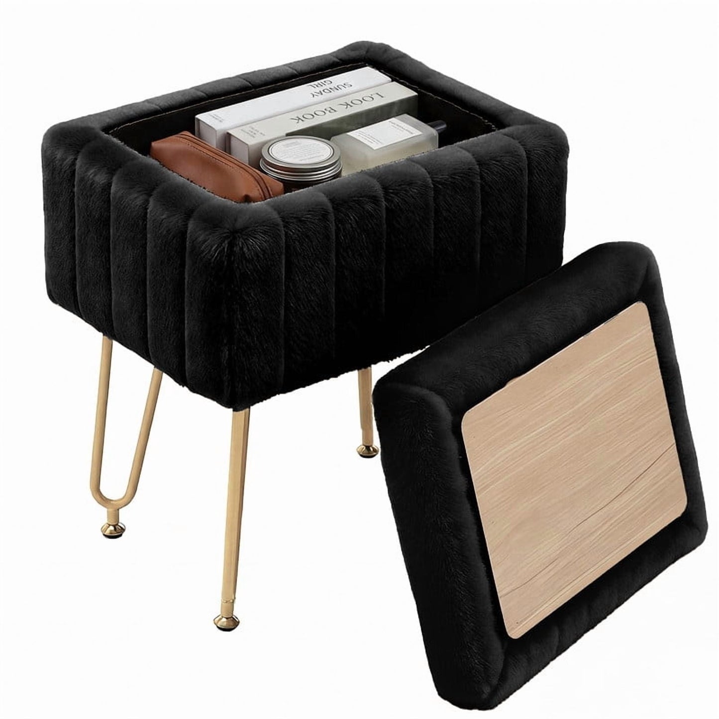 Gianna Square Ottoman with Table Top, Comfortable Footrest With Storage, Vanity Stool Suitable for Living Roomï¼ŒBedroom, Black