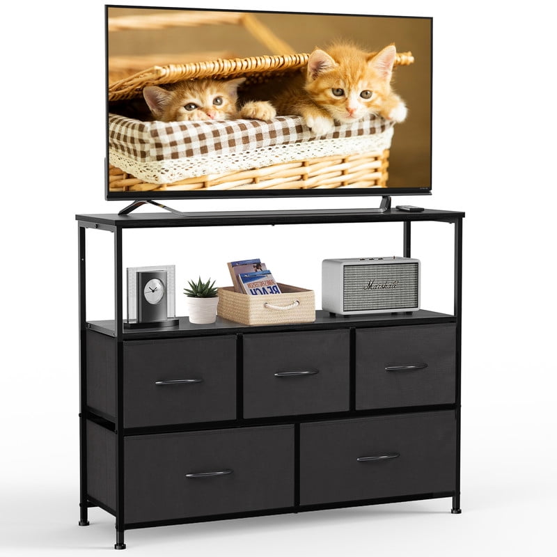 Gianna TV Cabinet Stand, 5 Fabric Drawers & Adjustable Feet for Bedroom, Black-1