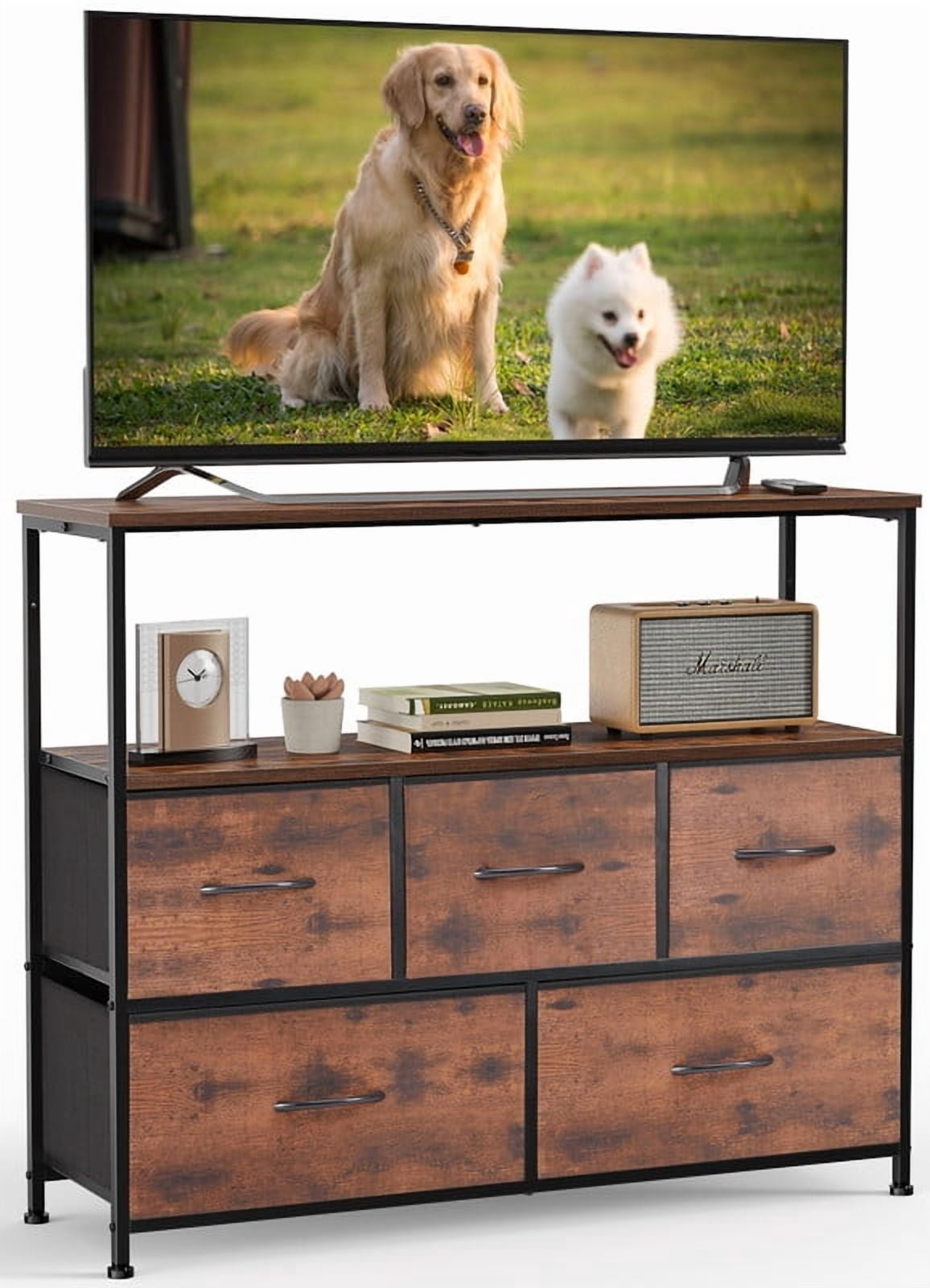 Gianna TV Cabinet Stand, 5 Fabric Drawers & Adjustable Feet for Bedroom, Rustic Brown-1