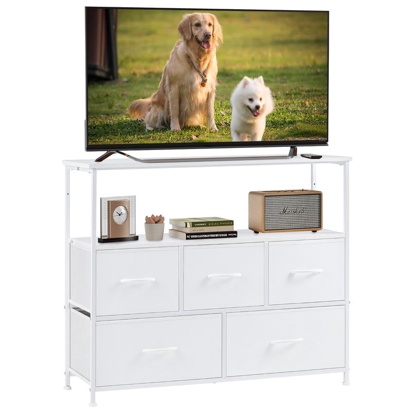 Gianna TV Cabinet Stand, 5 Fabric Drawers & Adjustable Feet for Bedroom, White-1