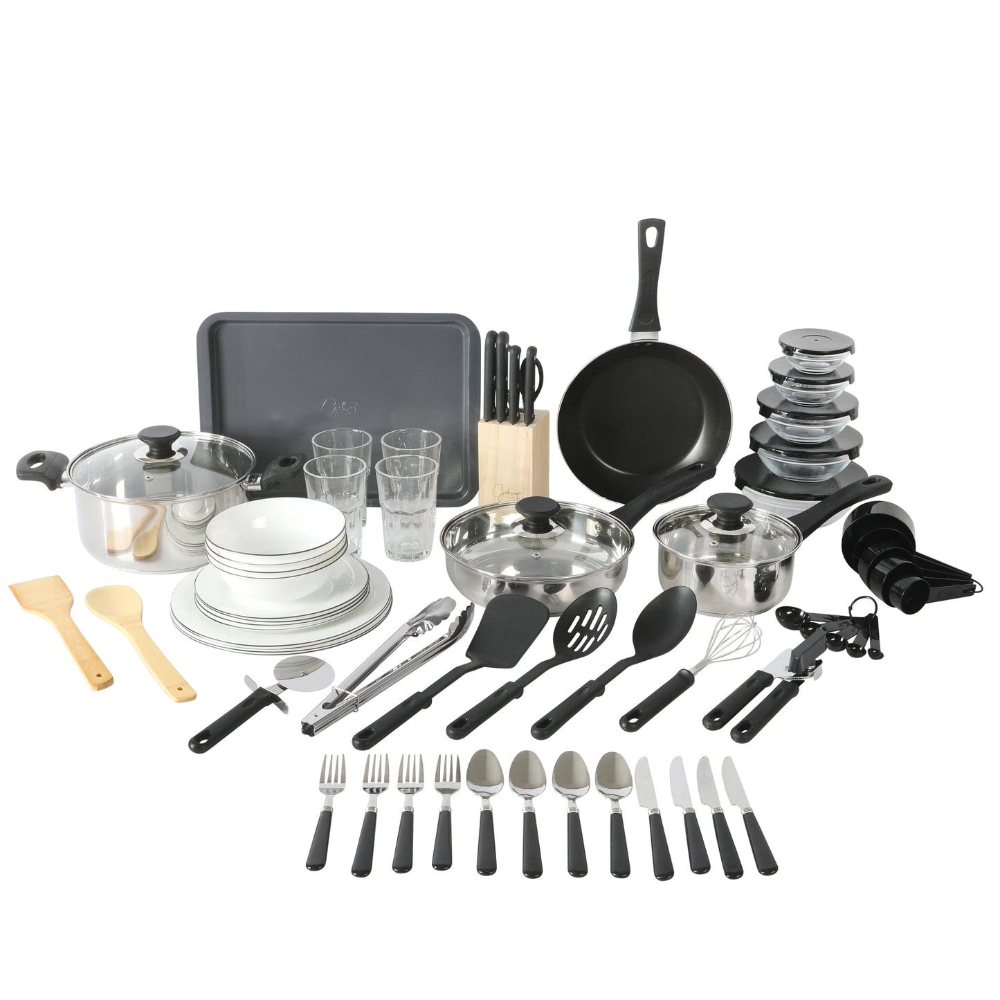 Gibson Home Stainless Steel Cookware Set, Pots and Pans with Dinnerware, Bakeware, and Utensils, 71-Piece