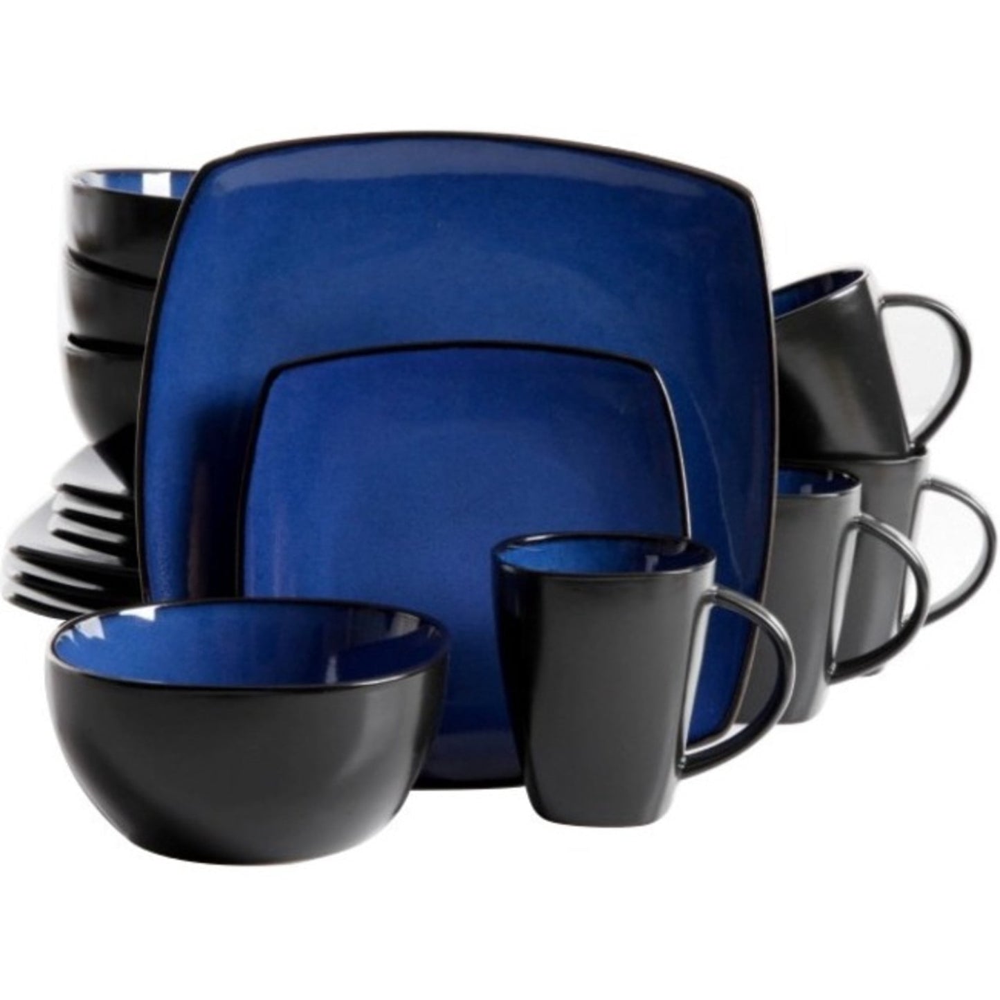 Gibson Soho Lounge 16 Piece Reactive Glaze Dinnerware Plates Bowls & Mugs, Blue