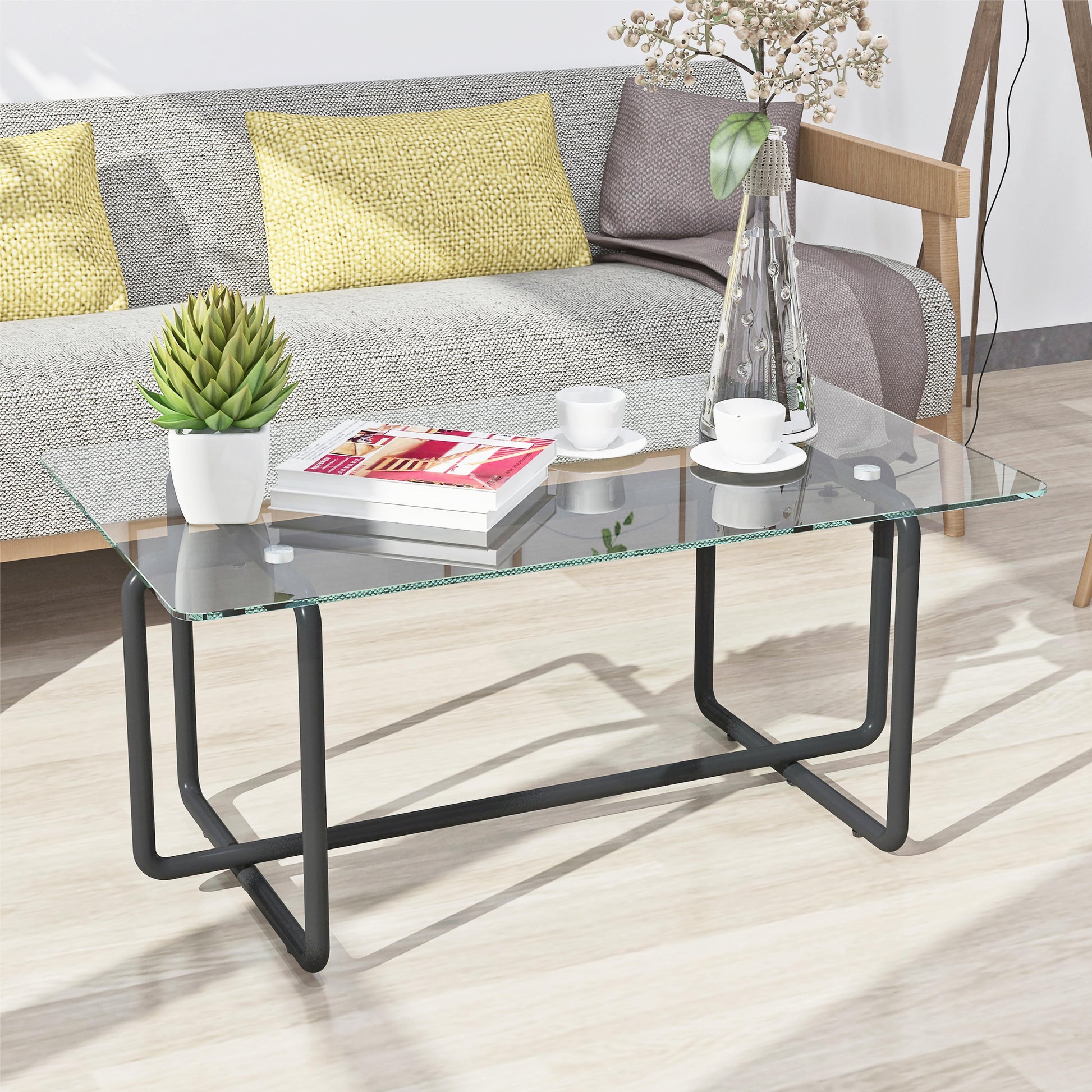 Glass Coffee Table,Clear Rectangle Glass Coffee Table, Modern Coffee Table with Metal Legs,Transparent