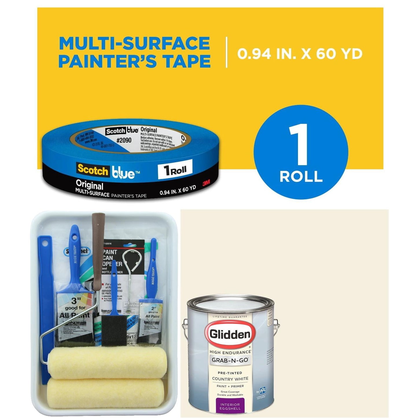 Glidden High Endurance Grab-N-Go Pintura Interior Country Blanca con Cinta para Pintor ScotchBlue Original Multiuso,.94in x 60yd(24mm x 54,8M Paquete
