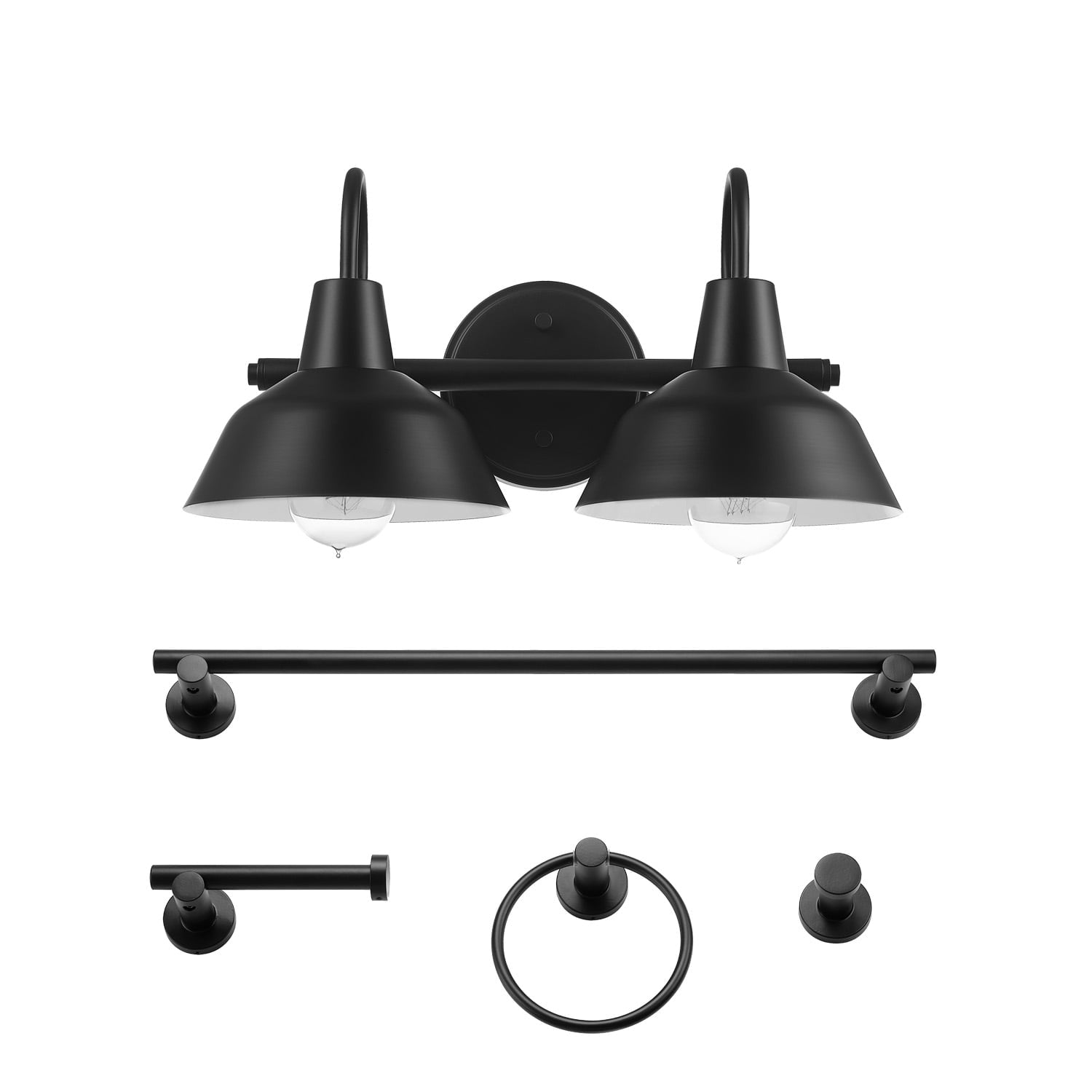 Globe Electric Modern 3-Piece Matte Black Bathroom Set with Hardwired 2-Light LED Vanity Light