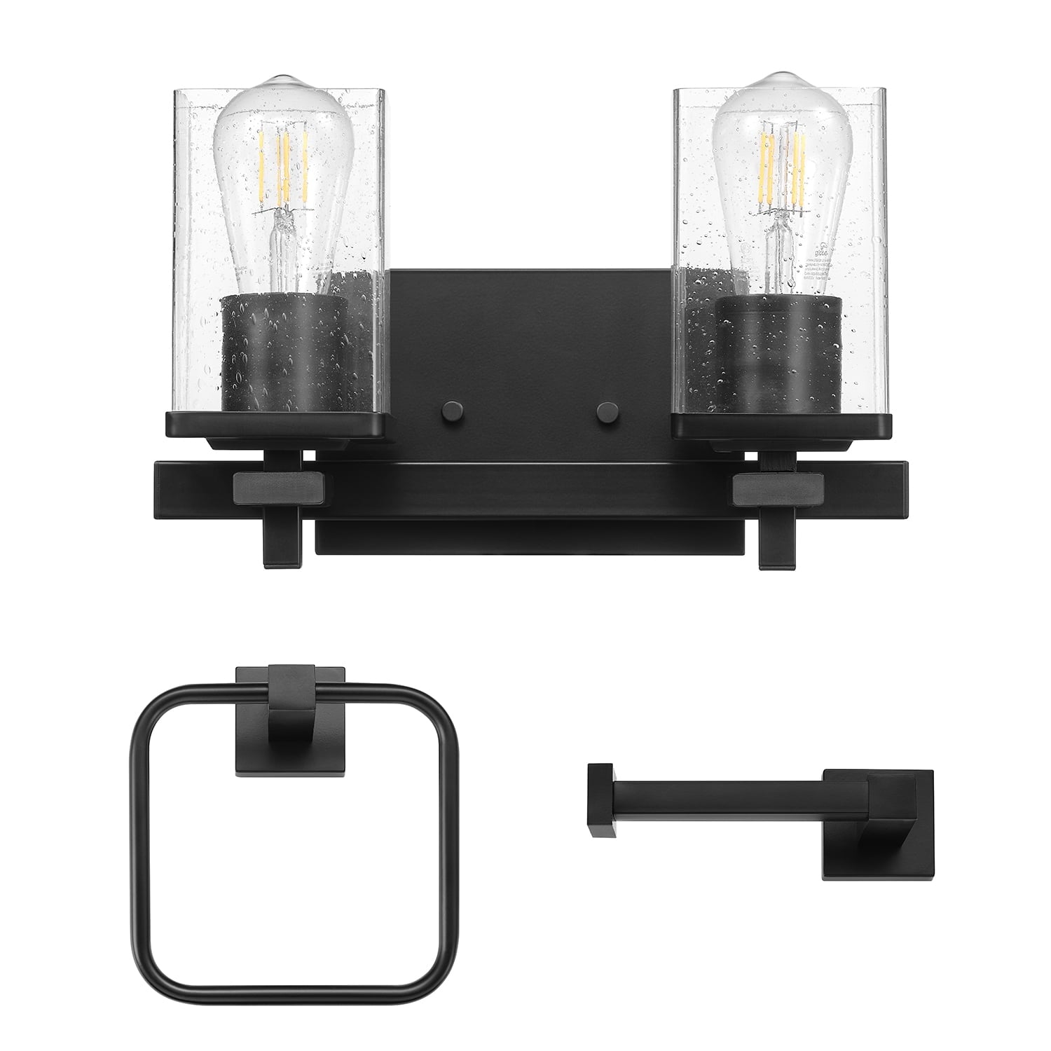 Globe Electric Upscale Industrial 3-Piece Matte Black Bathroom Accessory Set with 13" 2-Light LED Vanity Light