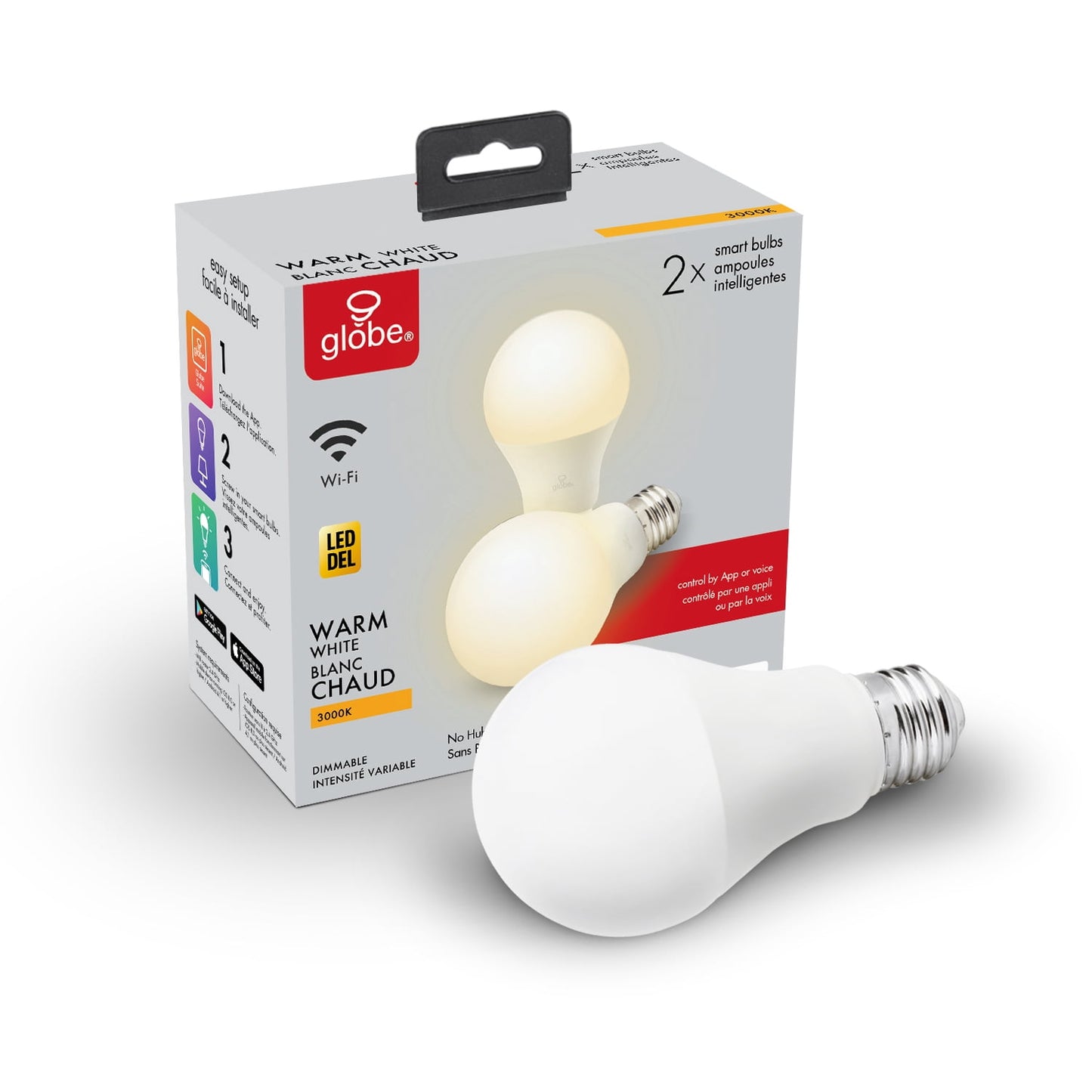 Globe Electric Wi-Fi Smart 60W Equivalent Soft White Frosted LED Light Bulb, No Hub Required, Voice Activated, A19, E26 Base (2-Pack), 34209