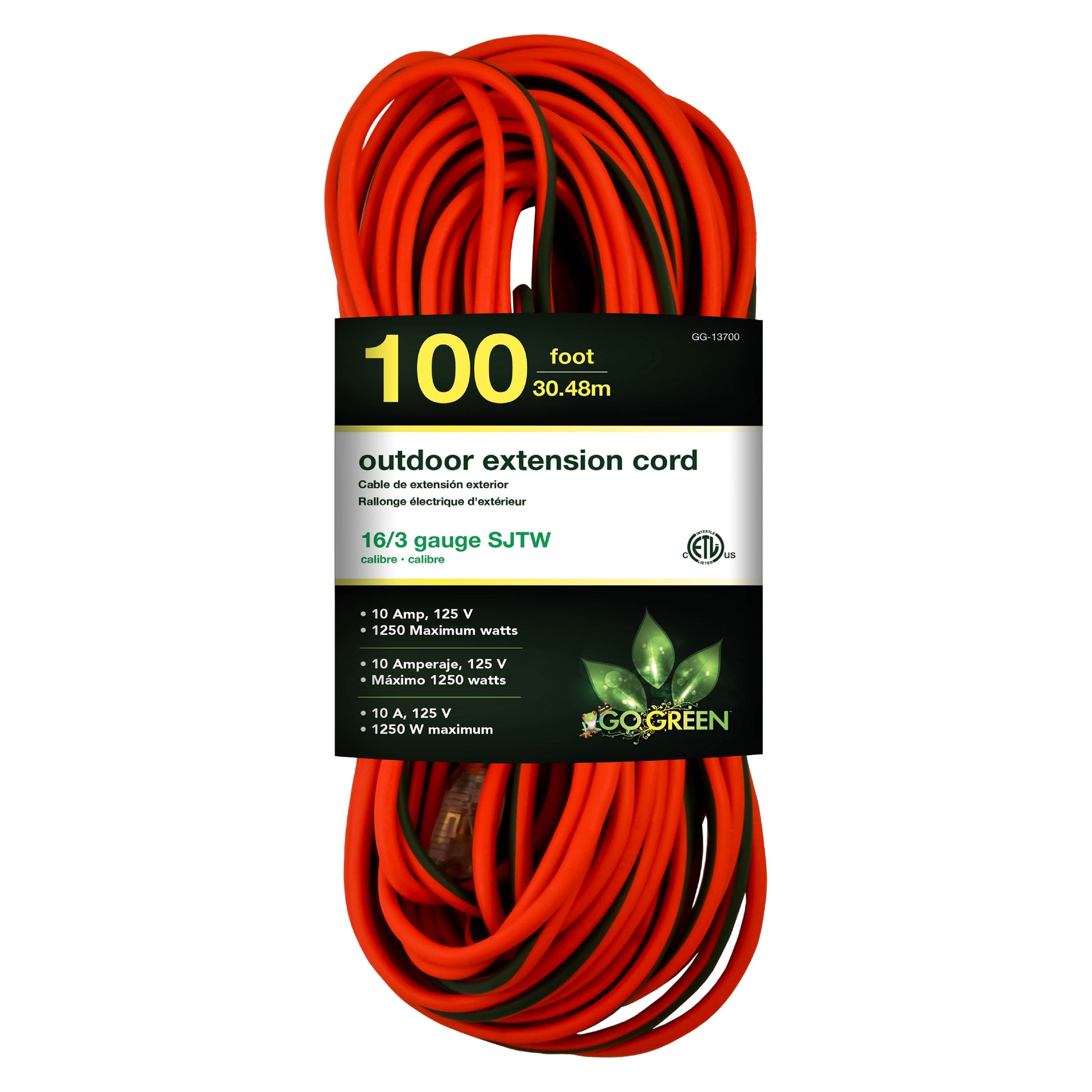 GoGreen Power (GG-13700) 16/3 100â€™ SJTW Outdoor Extension Cord, Lighted End, 100 Ft