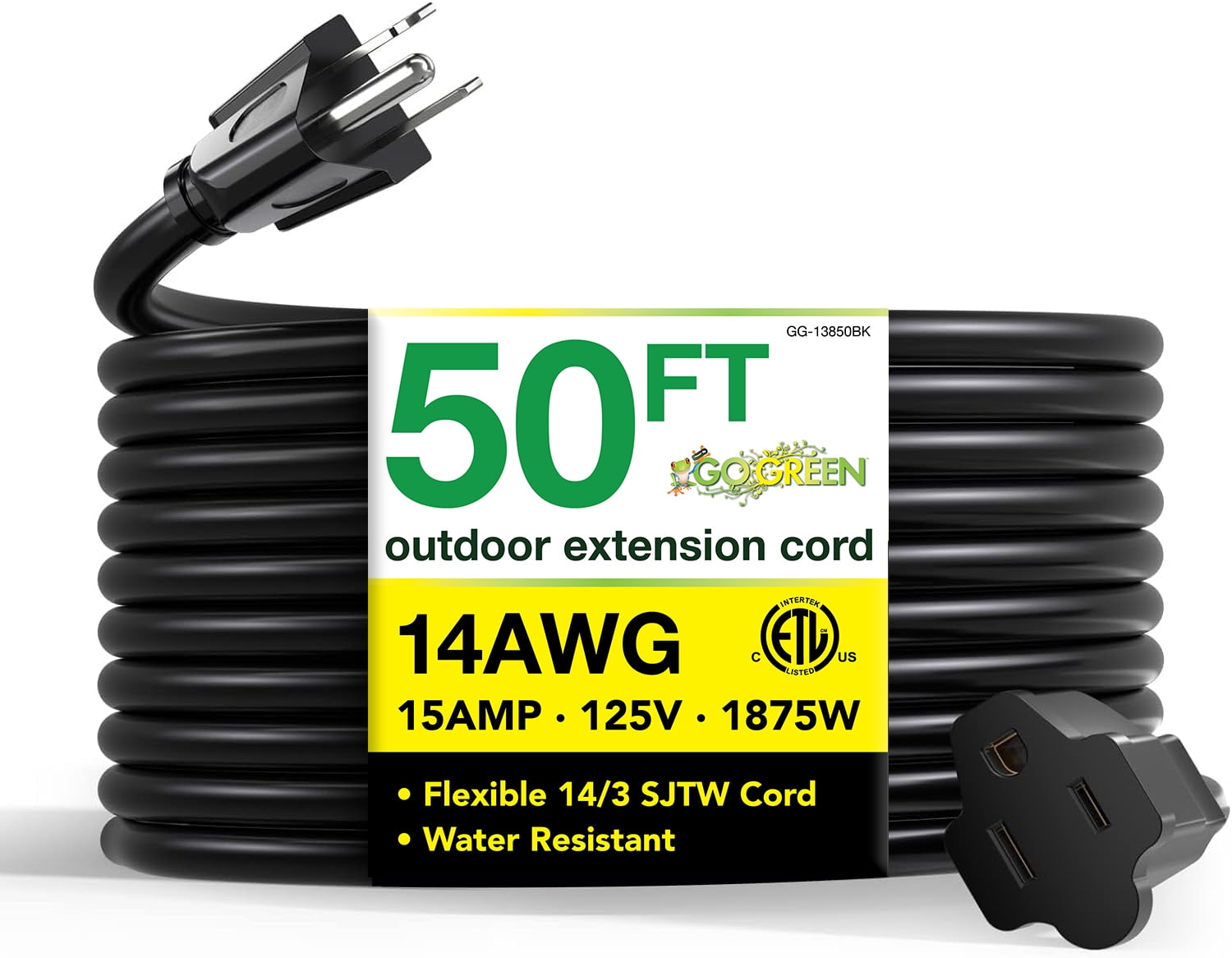 GoGreen Power 14/3 50' 13850BK Heavy-Duty Extension Cord, Black