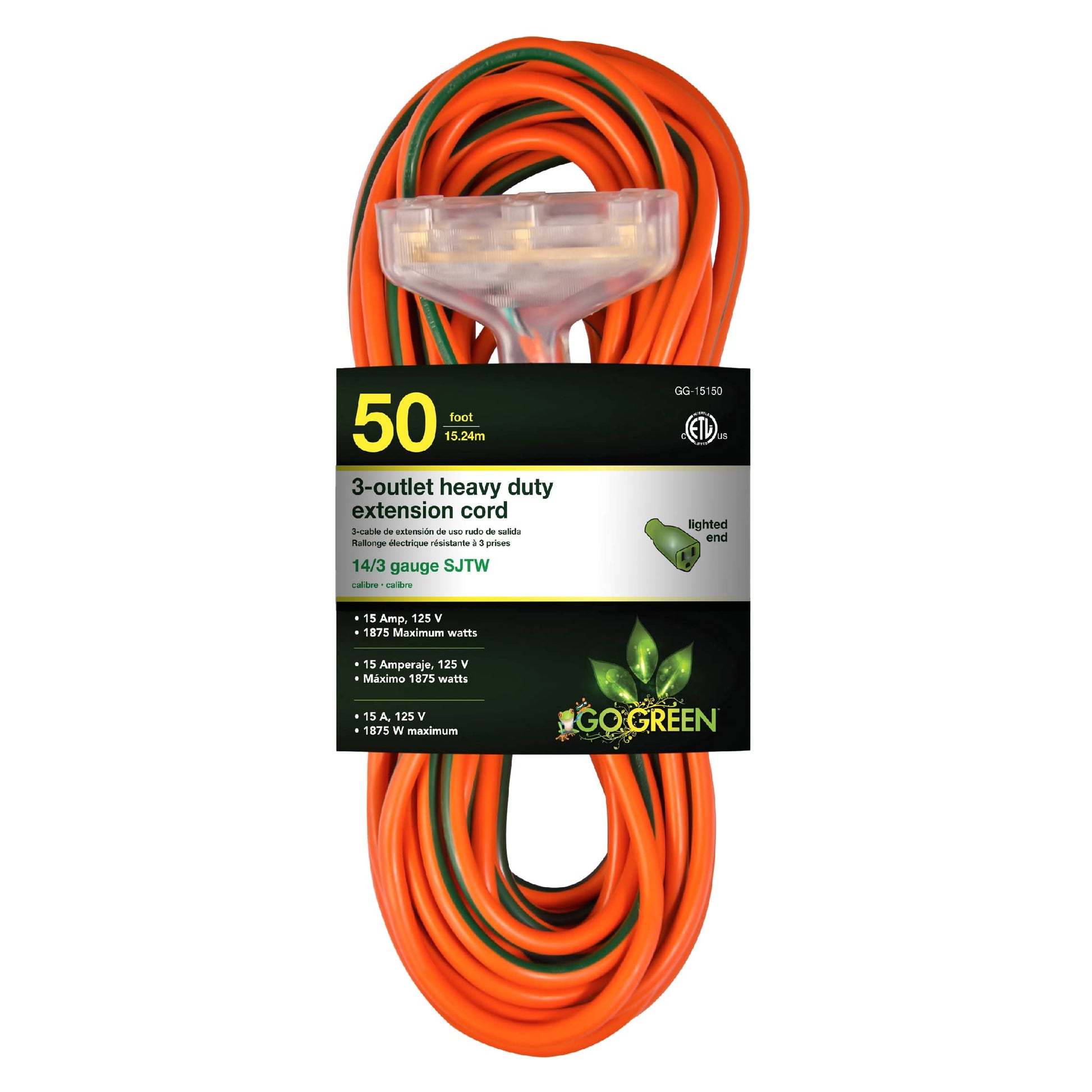 GoGreen Power 14/3 Heavy Duty 50 ft SJTW 3-Outlet Extension Cord with Lighted End