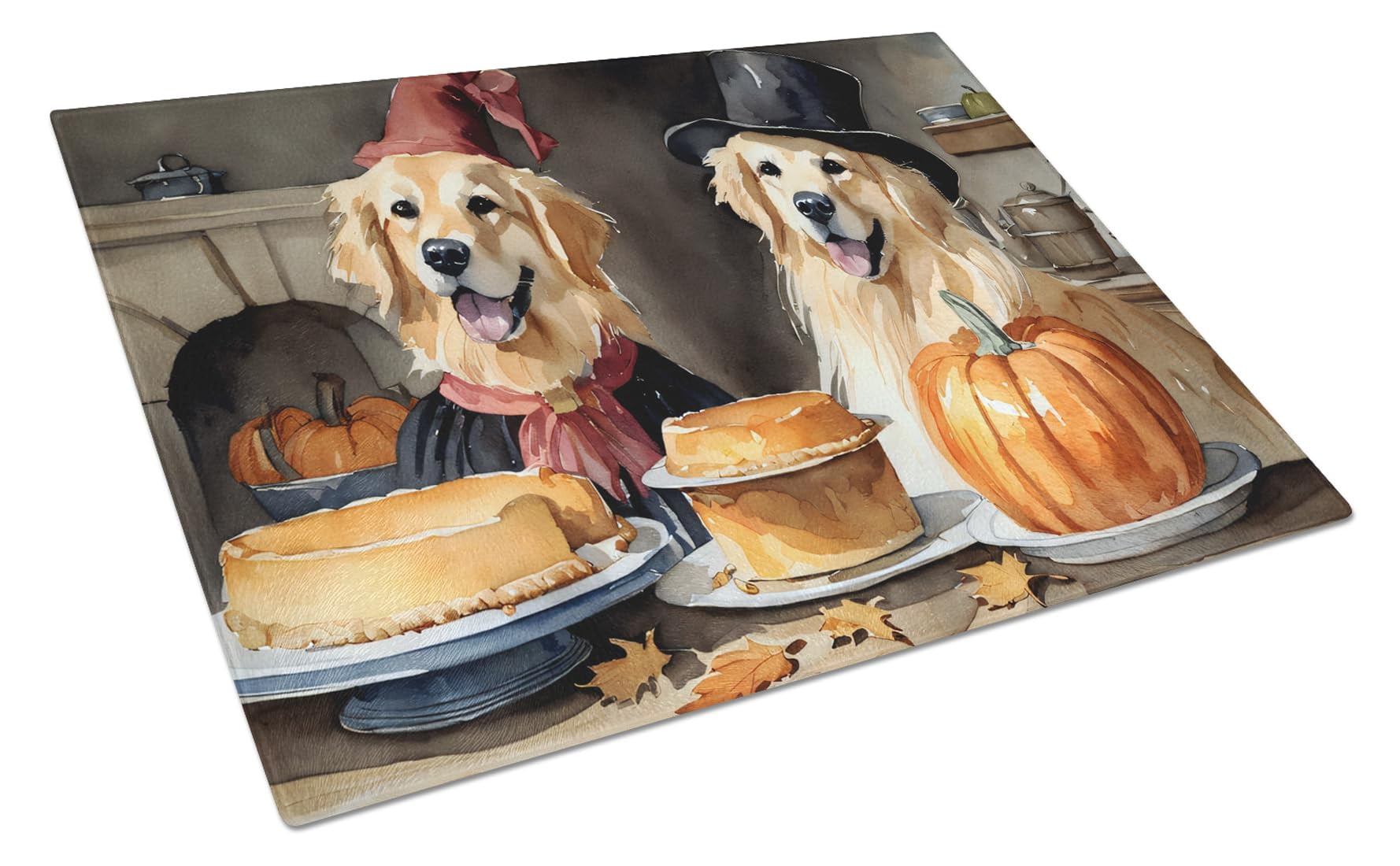 Golden Retriever Fall Kitchen Pumpkins Glass Cutting Board Large 12 in x 15 in