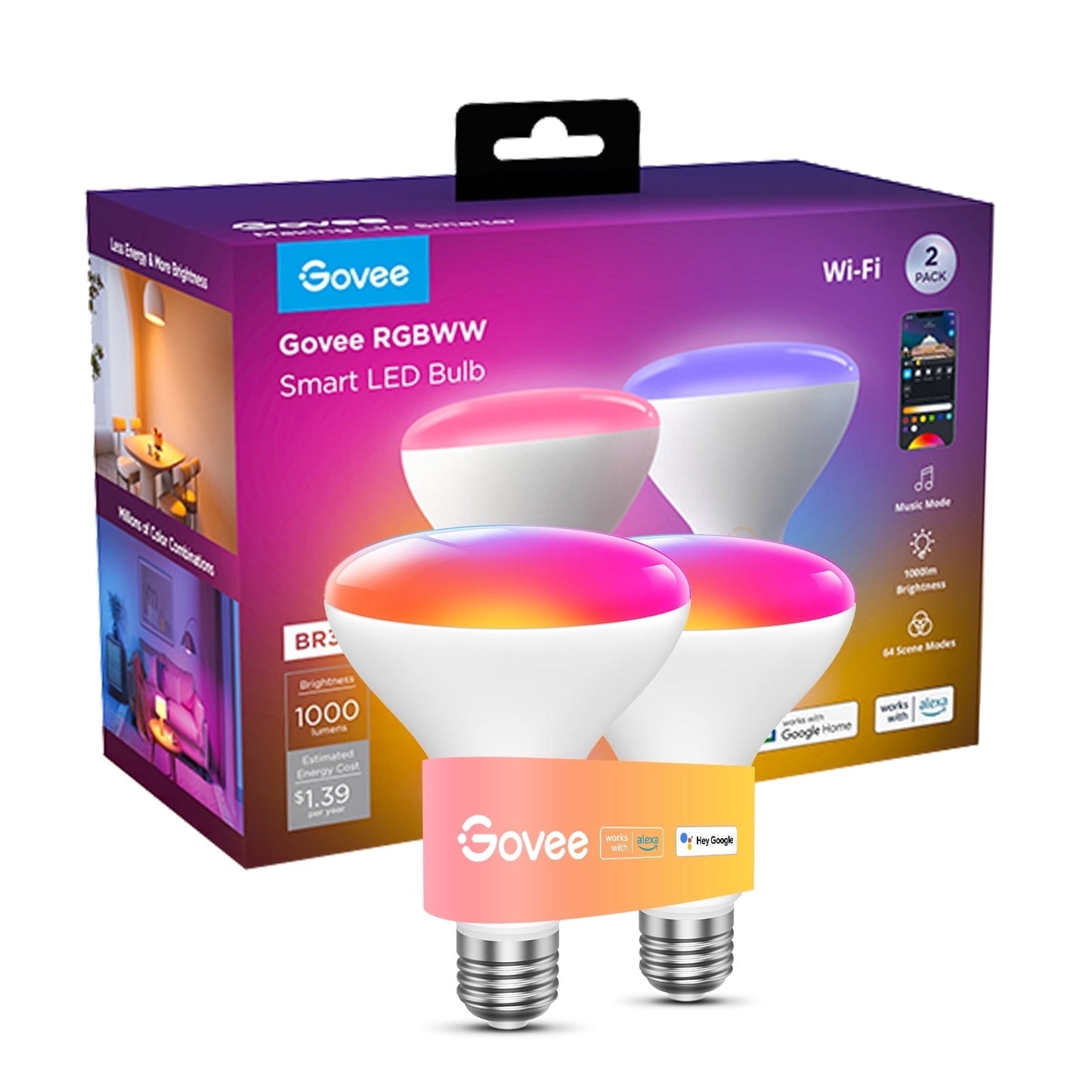 Govee 1000LM RGBWW Smart BR30 LED Smart Bulb 2 Pack,16 million Color Options For Color Changing Effect
