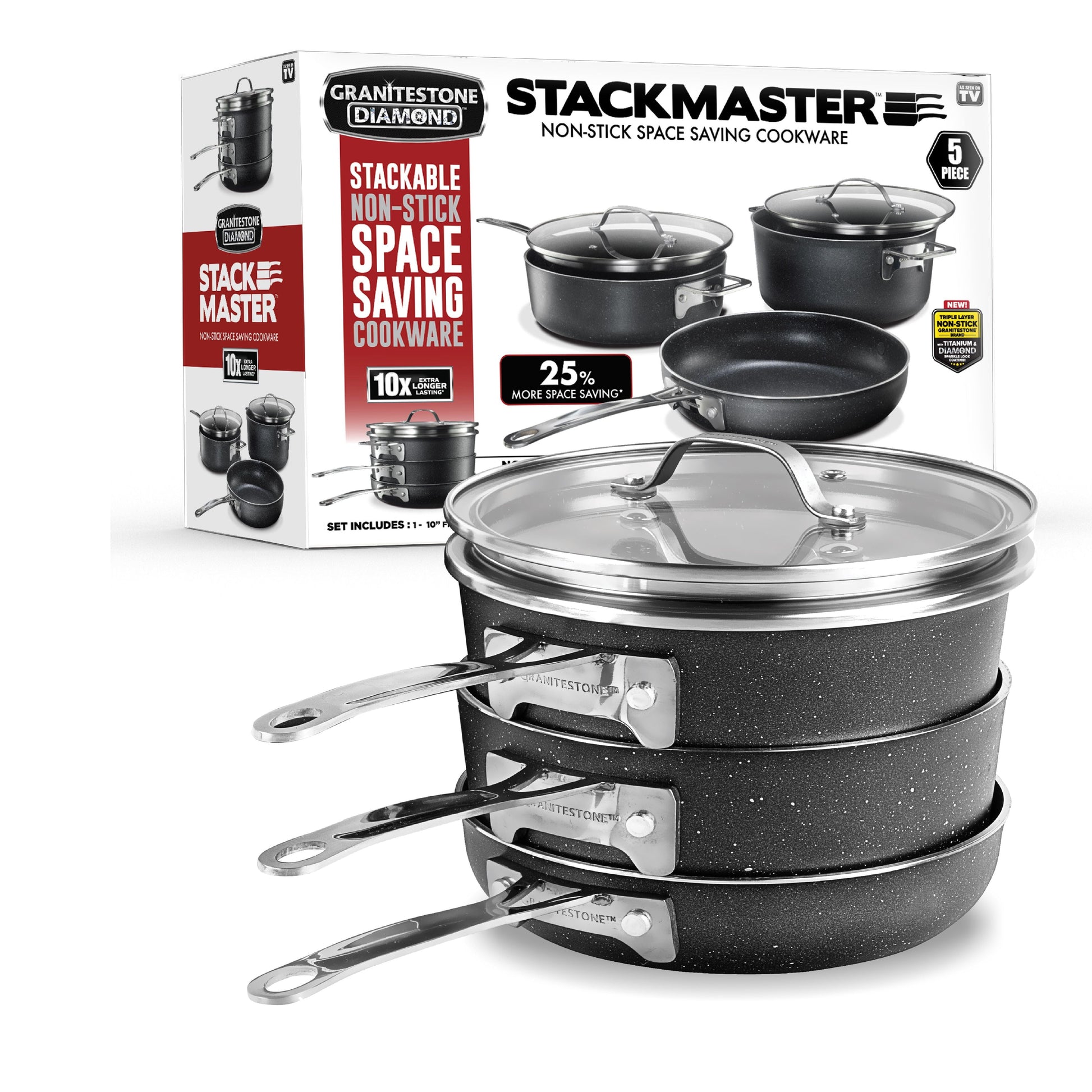 Granitestone 10" Stackmaster 5 Piece Nonstick Pots and Pans Set, Stackable Aluminum Cookware Set, Non Stick
