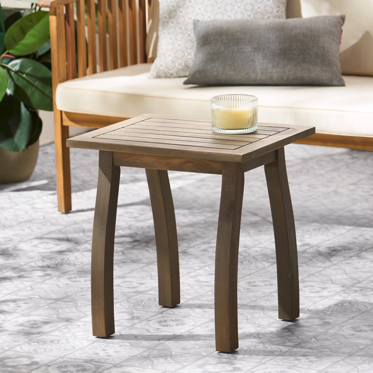 Gray Finish Acacia Wood Slatted Outdoor End Table, 15"DÃ—19"WÃ—19.25"H Coastal Patio Accent Side Table for Backyard Pool Deck Garden Furniture