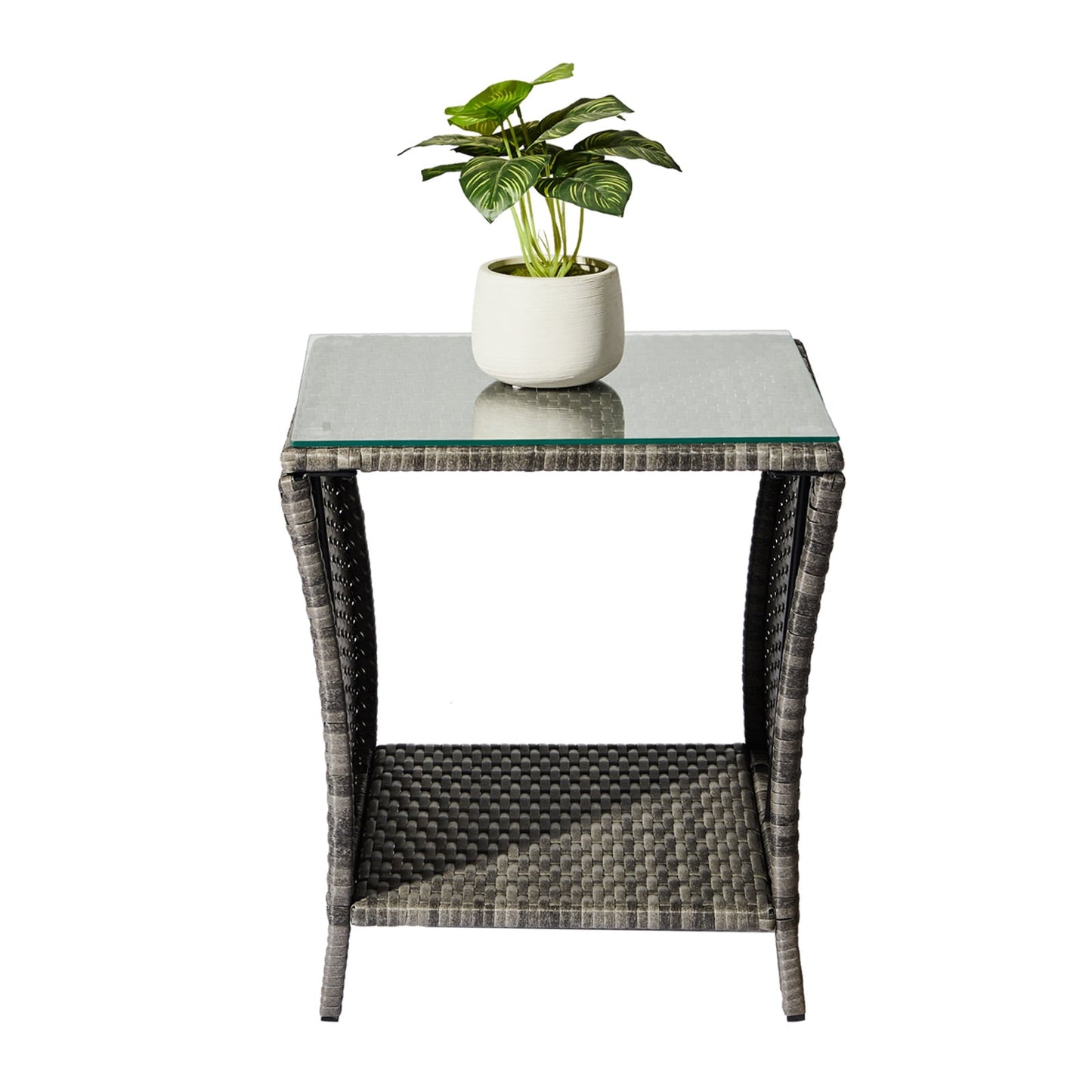 Gray Outdoor PE Rattan Tempered Glass Side Table Sturdy Iron Frame Patio End Table With Storage Shelf Weather Resistant Accent Table For Garden Backyard Balcony Porch Indoor Outdoor Furniture
