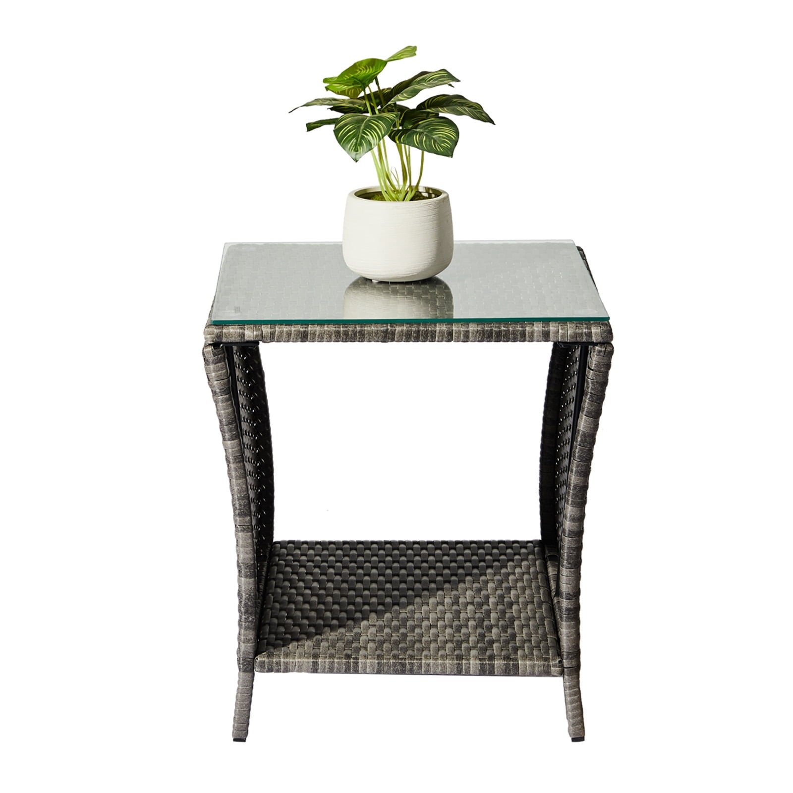 Gray Outdoor PE Rattan Tempered Glass Side Table Sturdy Iron Frame Patio End Table With Storage Shelf Weather Resistant Accent Table For Garden Backyard Balcony Porch Indoor Outdoor Furniture