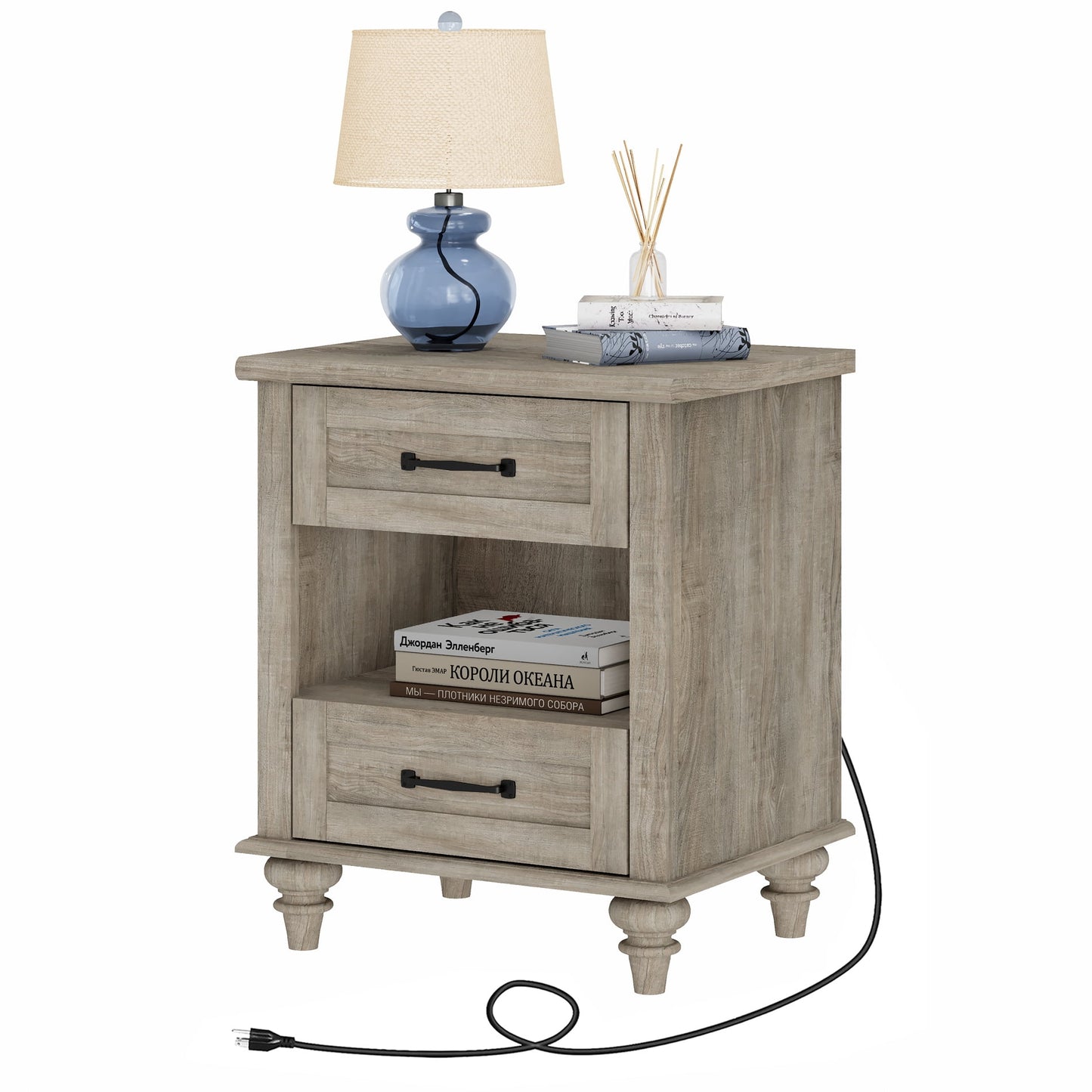 Gray Side Table with 2 Drawers & Open Shelf, Rustic End Table with Charging Station, Wooden Nightstand for Bedroom, Living Room