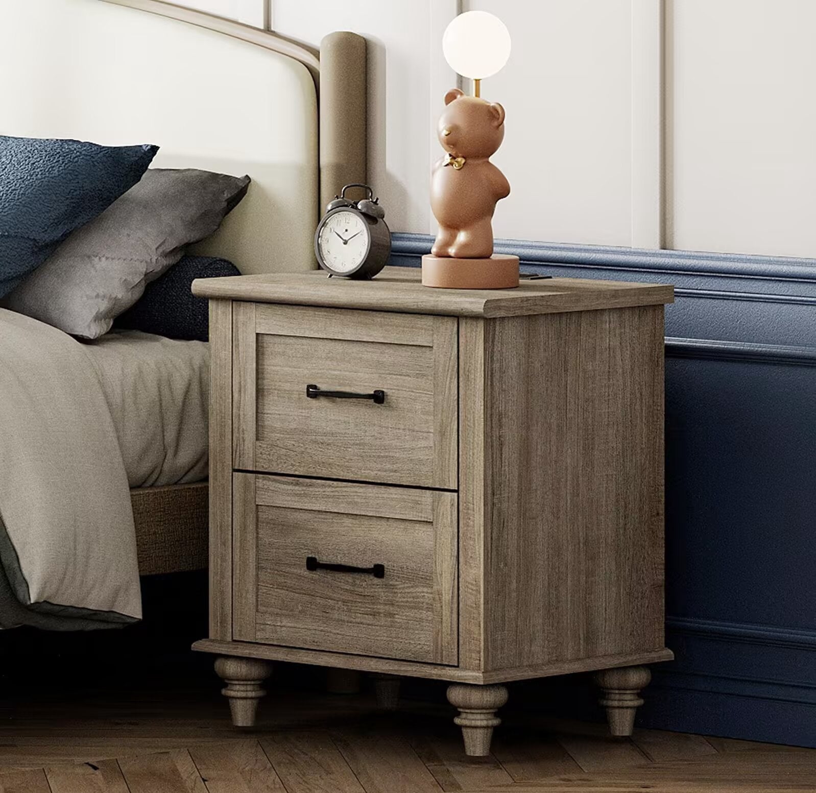 Gray Side Table with 2 Drawers, Rustic End Table with Charging Station, Wooden Nightstand for Bedroom, Living Room