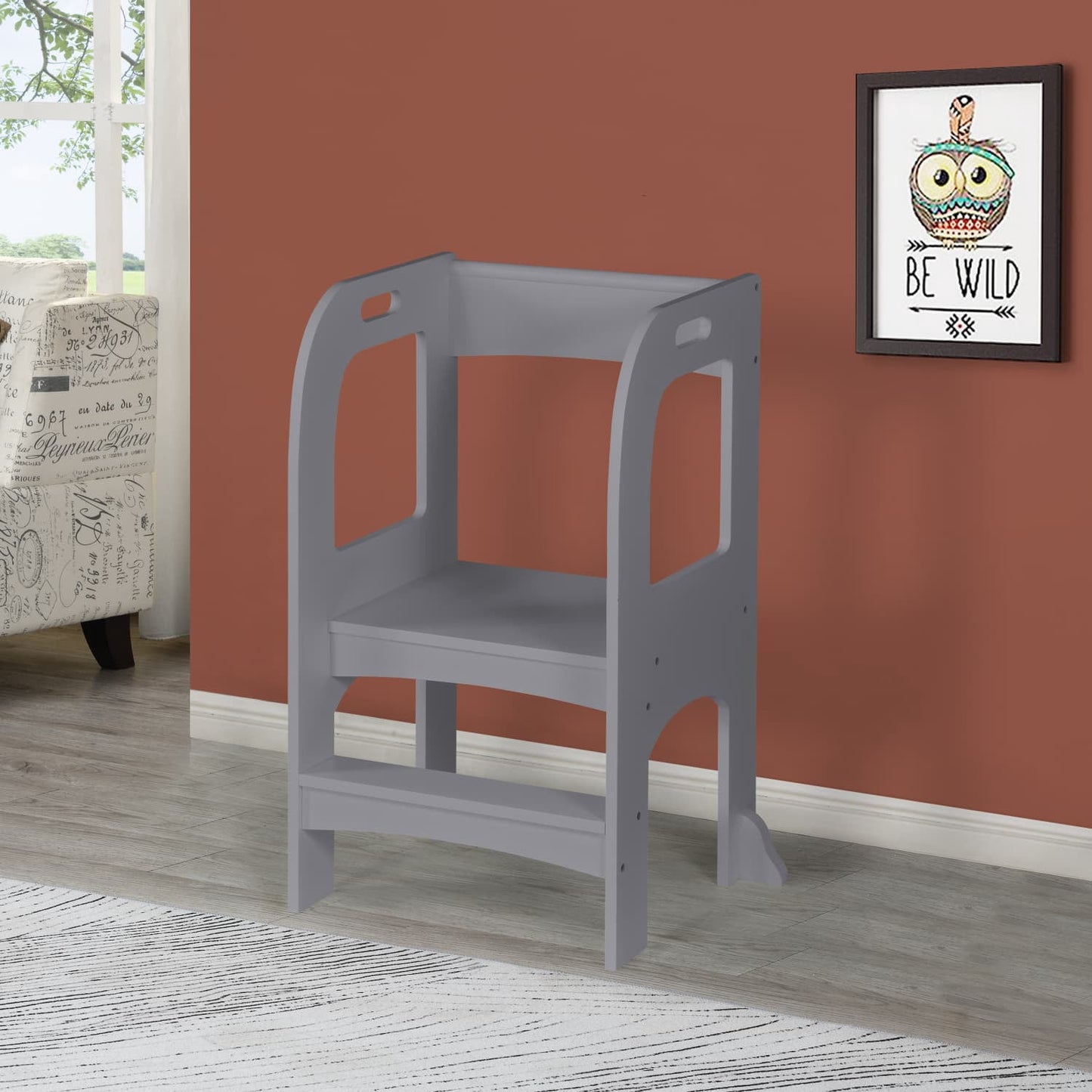 Gray Toddler Learning Standing Tower, MDF Kids Kitchen Step Stool for Counter Helper, Supports Up to 50 LBS for Kitchen & Bathroom Use