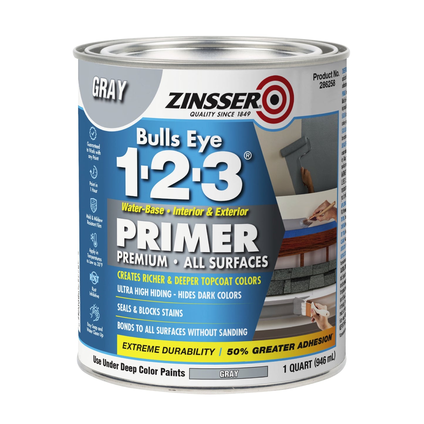 4 Pack, Gray, Zinsser Bulls Eye 1-2-3 Water Base Primer- Quart