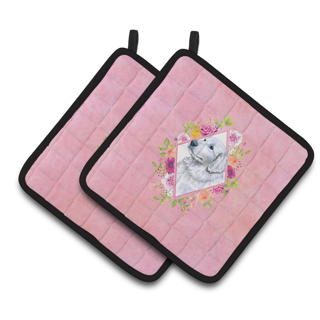 Great Pyrenees Pink Flowers Pair of Pot Holders