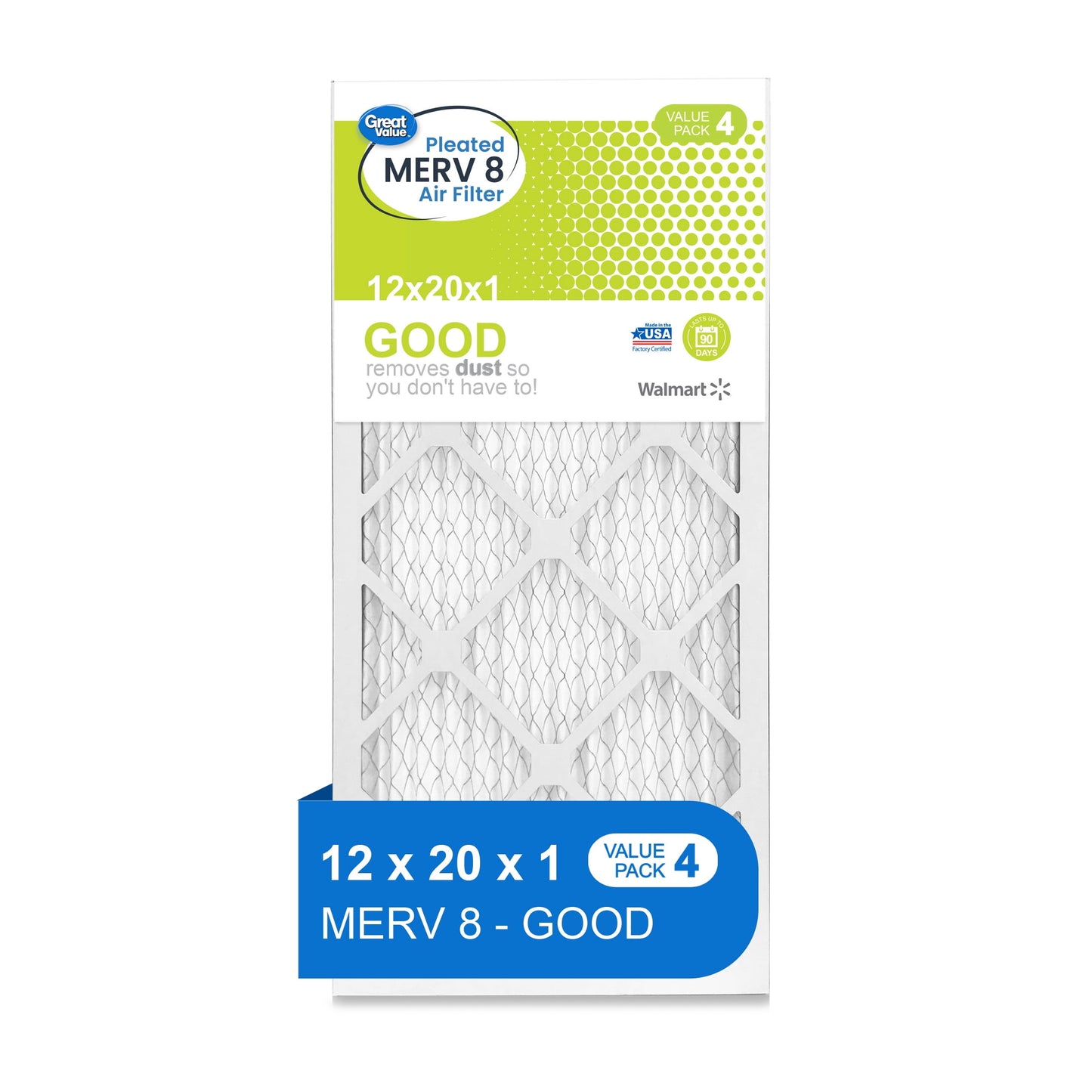 Great Value, 12x20x1, MERV 8 GOOD HVAC Air and Furnace Filter, Captures Dust, 4 Filters