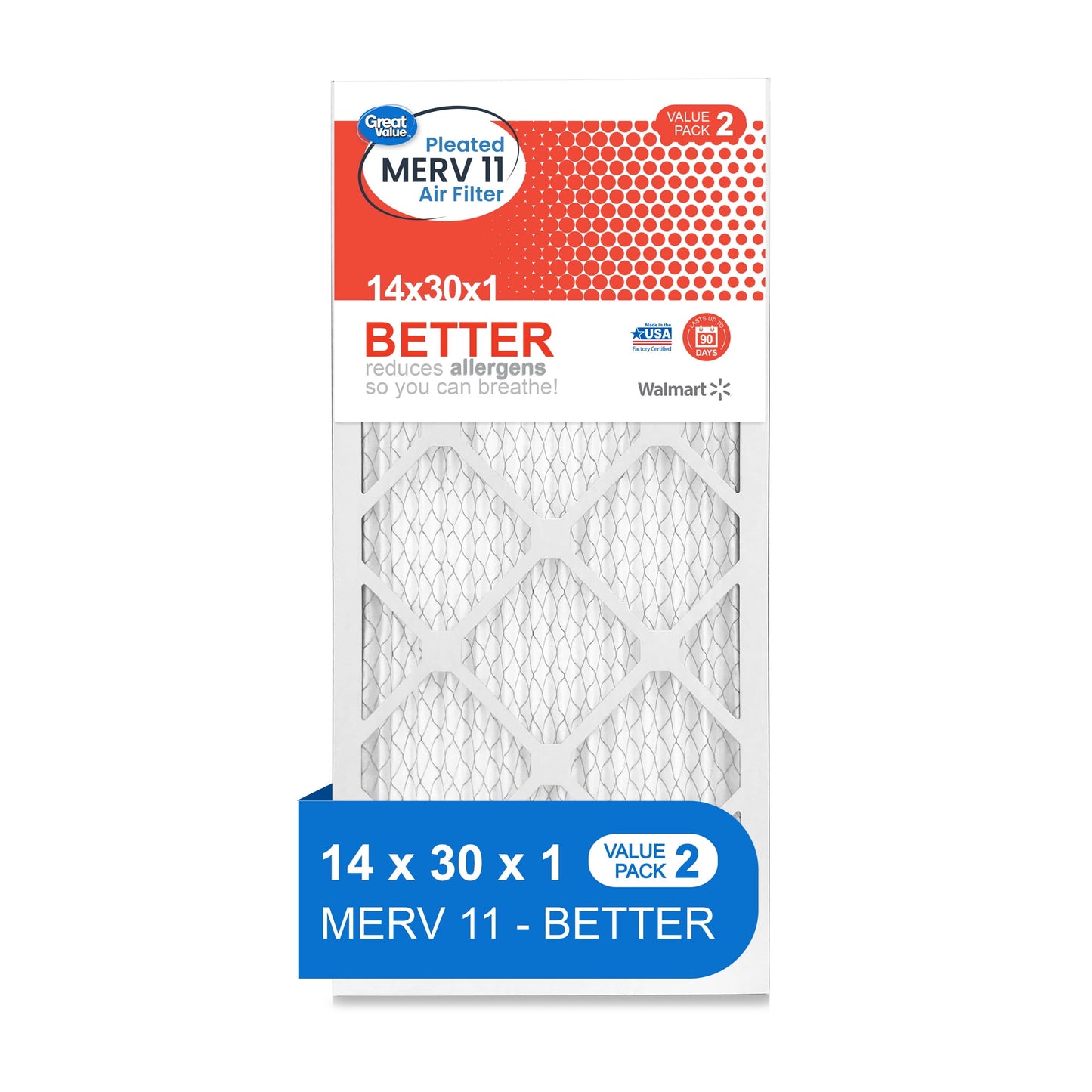 Great Value; 14x30x1; MERV 11 BETTER HVAC Air and Furnace Filter; Reduces Allergens; 2 Filters