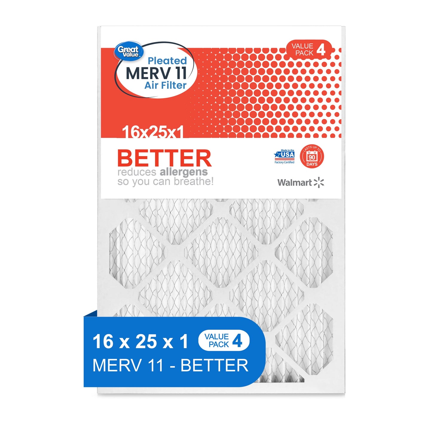 Great Value; 16x25x1; MERV 11 BETTER HVAC Air and Furnace Filter; Reduces Allergens; 4 Filters
