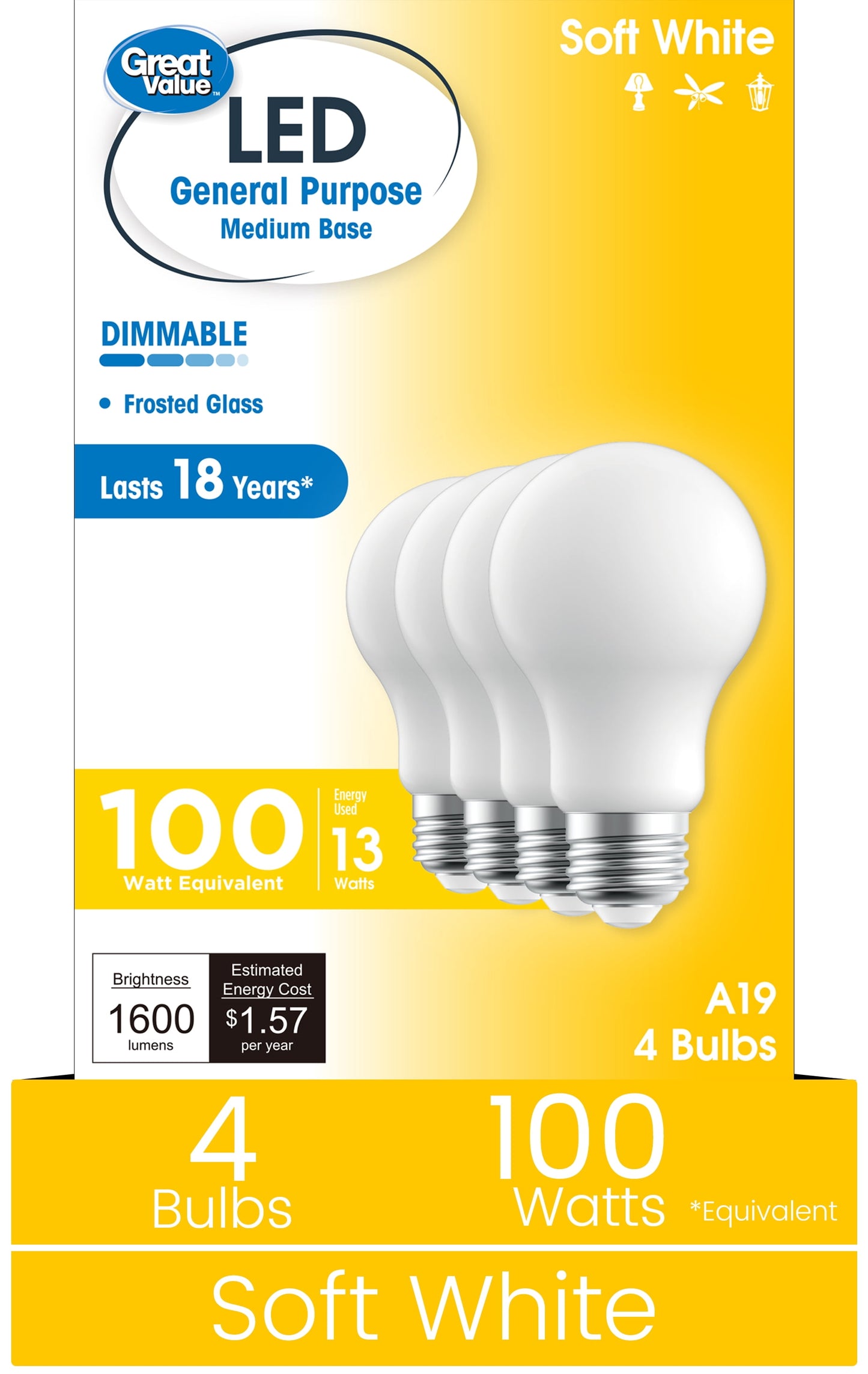 Great Value A19 LED 13W (100W Equivalent) Soft White E26 Medium Base General Purpose Light Bulbs, Dimmable, 4 Pack