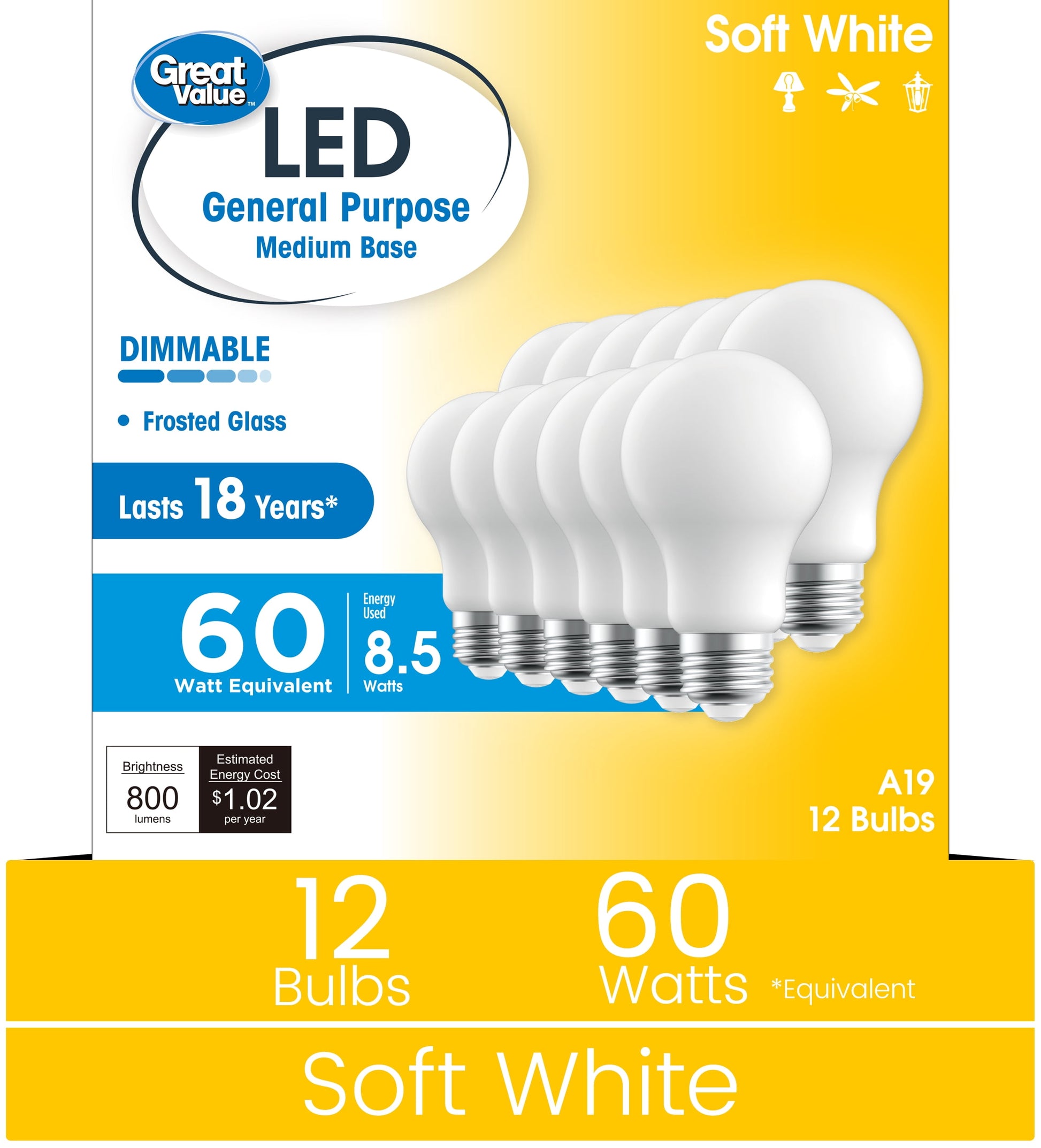 Great Value 18YR A19 LED Light Bulb, 8.5W(60W Equivalent), E26 Base, Dimmable, Soft White, 12-Pack